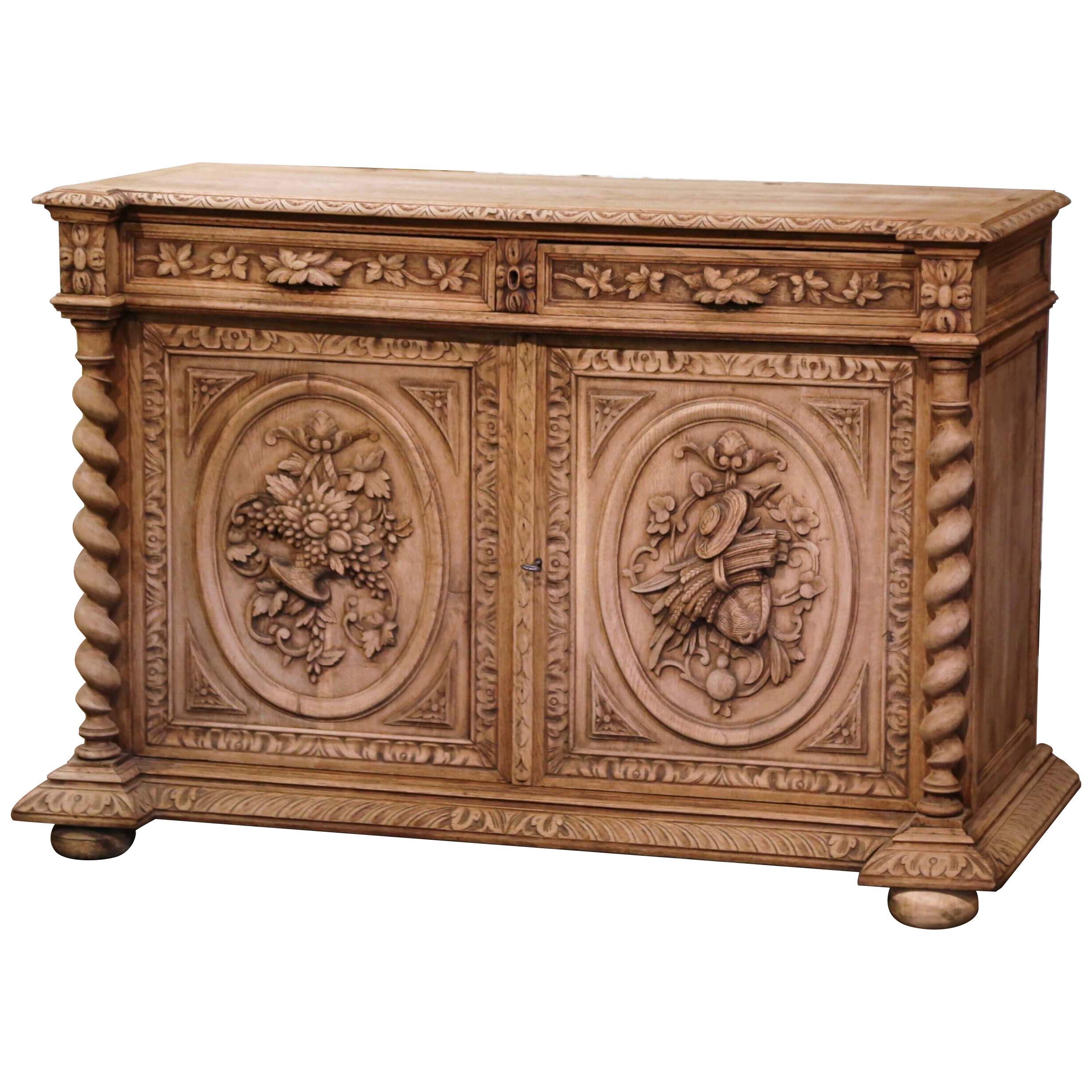 19th Century French Henri II Carved Bleached Oak Cabinet with Floral Motifs