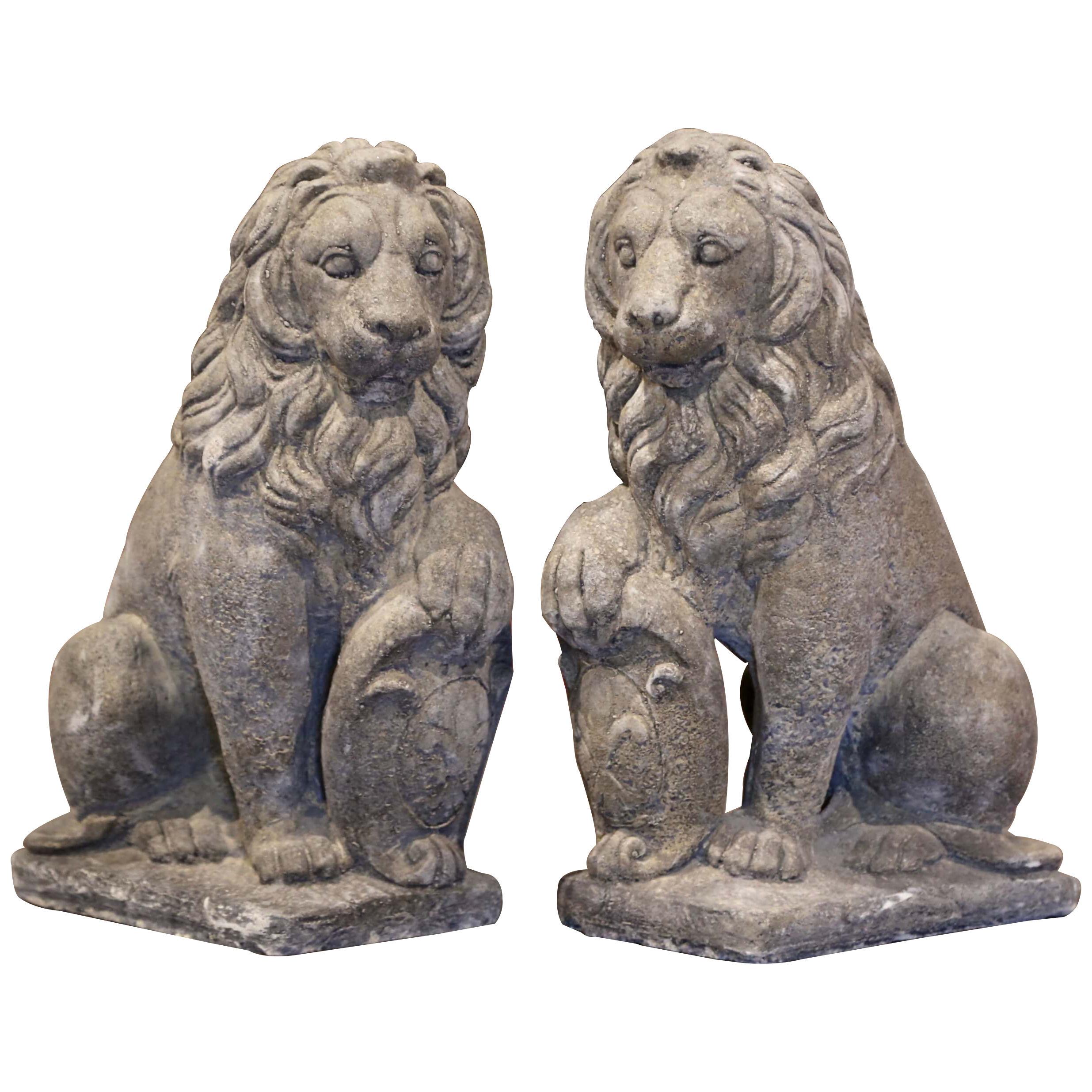 Pair of French Carved Stone Heraldic Lions Sculptures Garden Statuary