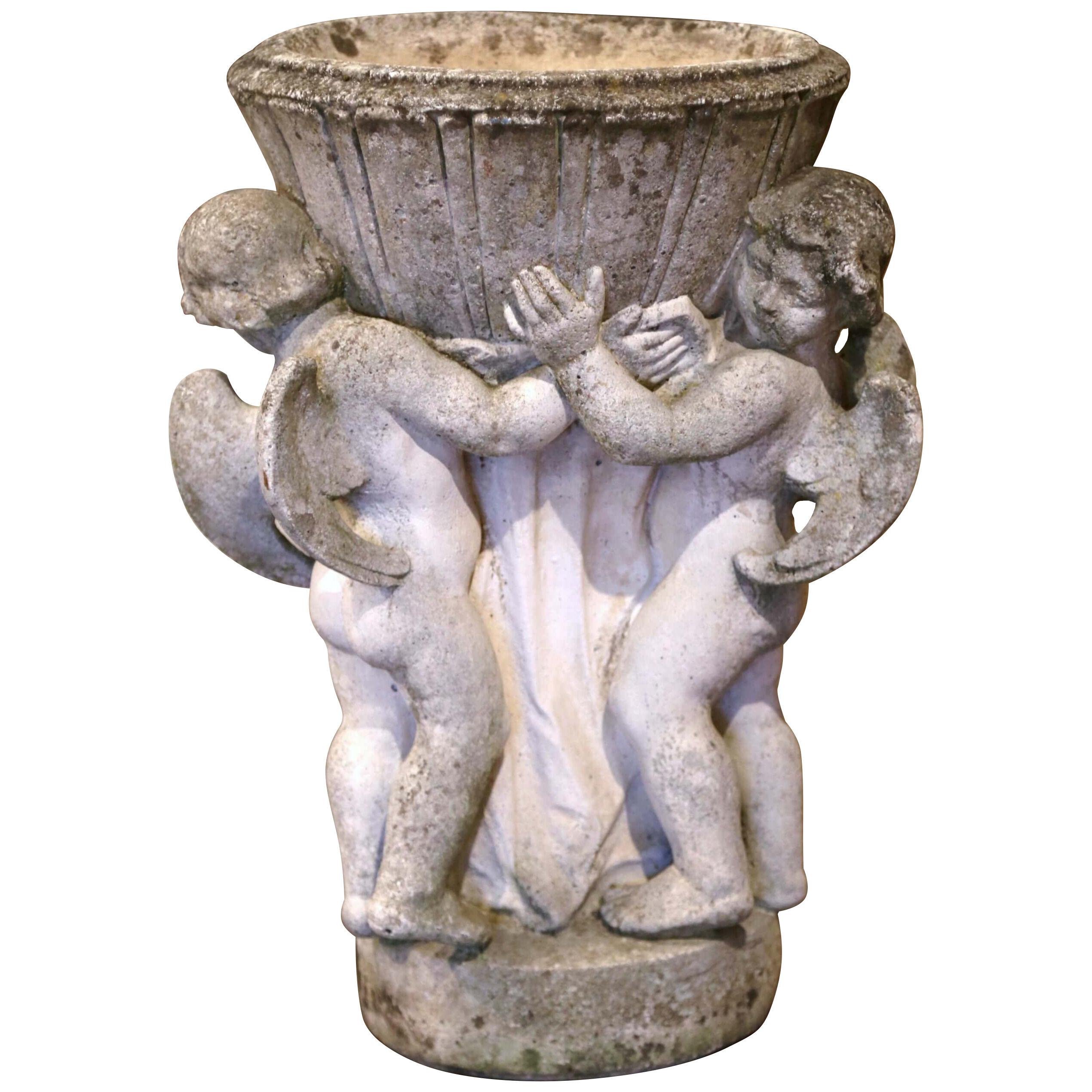 19th Century French Carved Patinated and Weathered Stone Planter with Cherubs