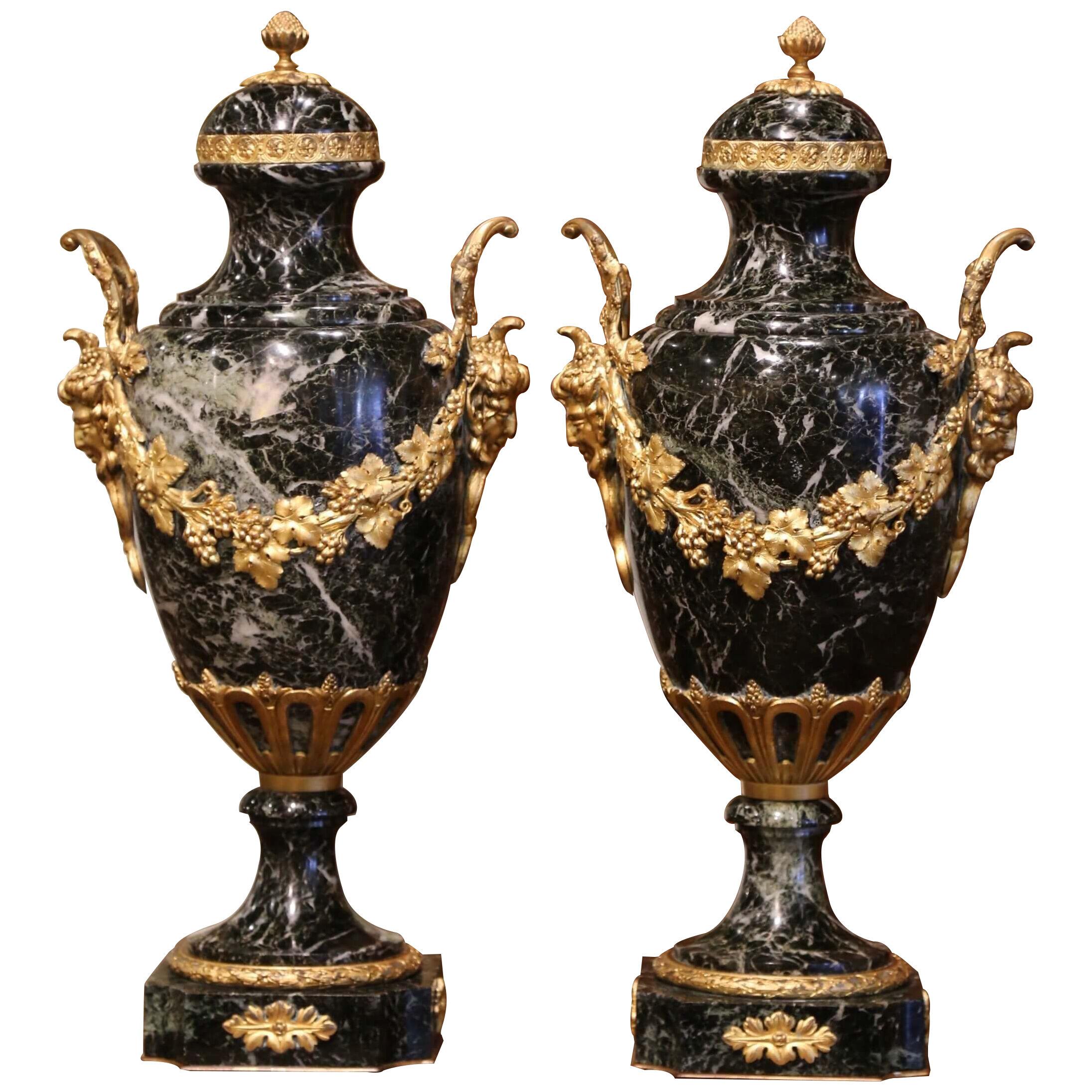 Pair of 19th Century French Carved Green Marble and Bronze Dore Cassolettes