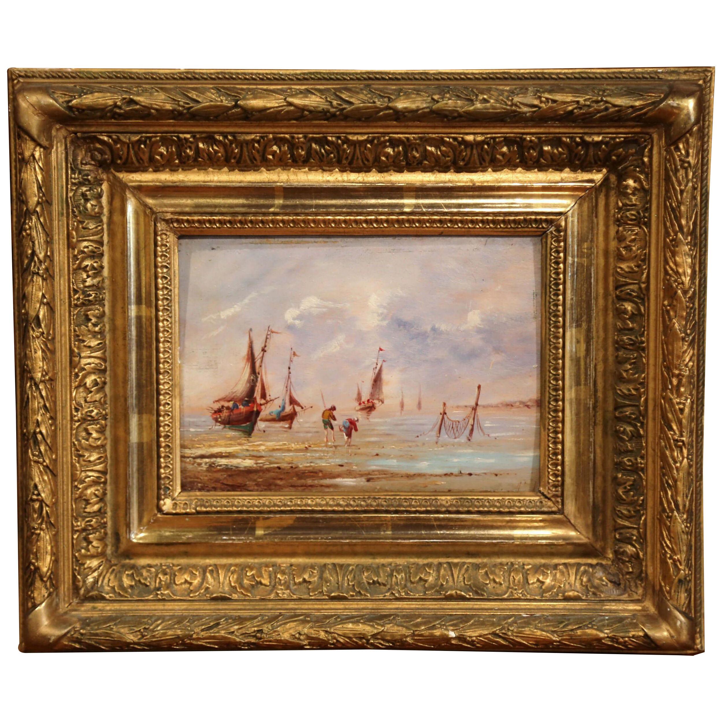 19th Century French Beach Oil Painting in Carved Gilt Frame
