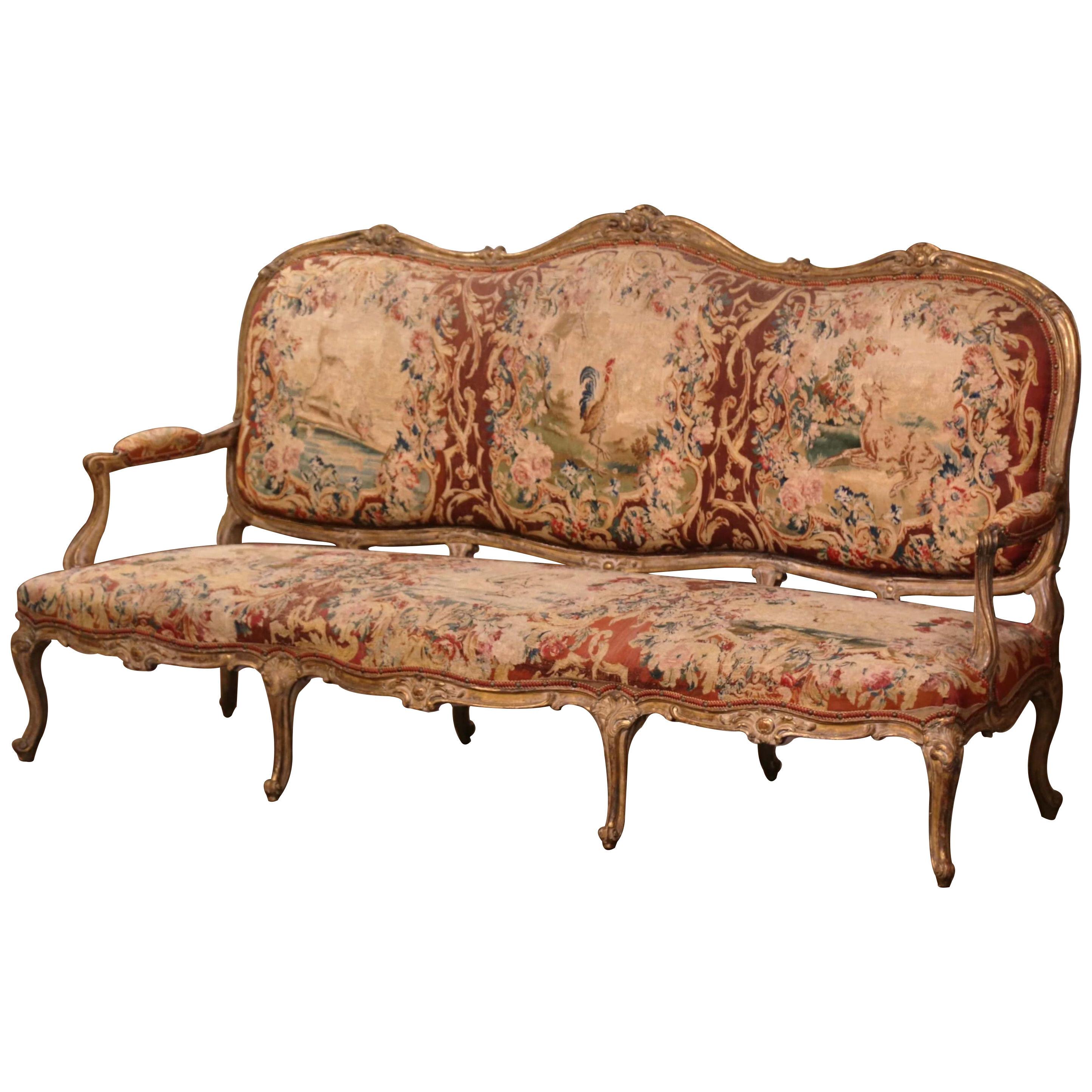 18th Century French Louis XV Carved Giltwood Canapé with Aubusson Tapestry