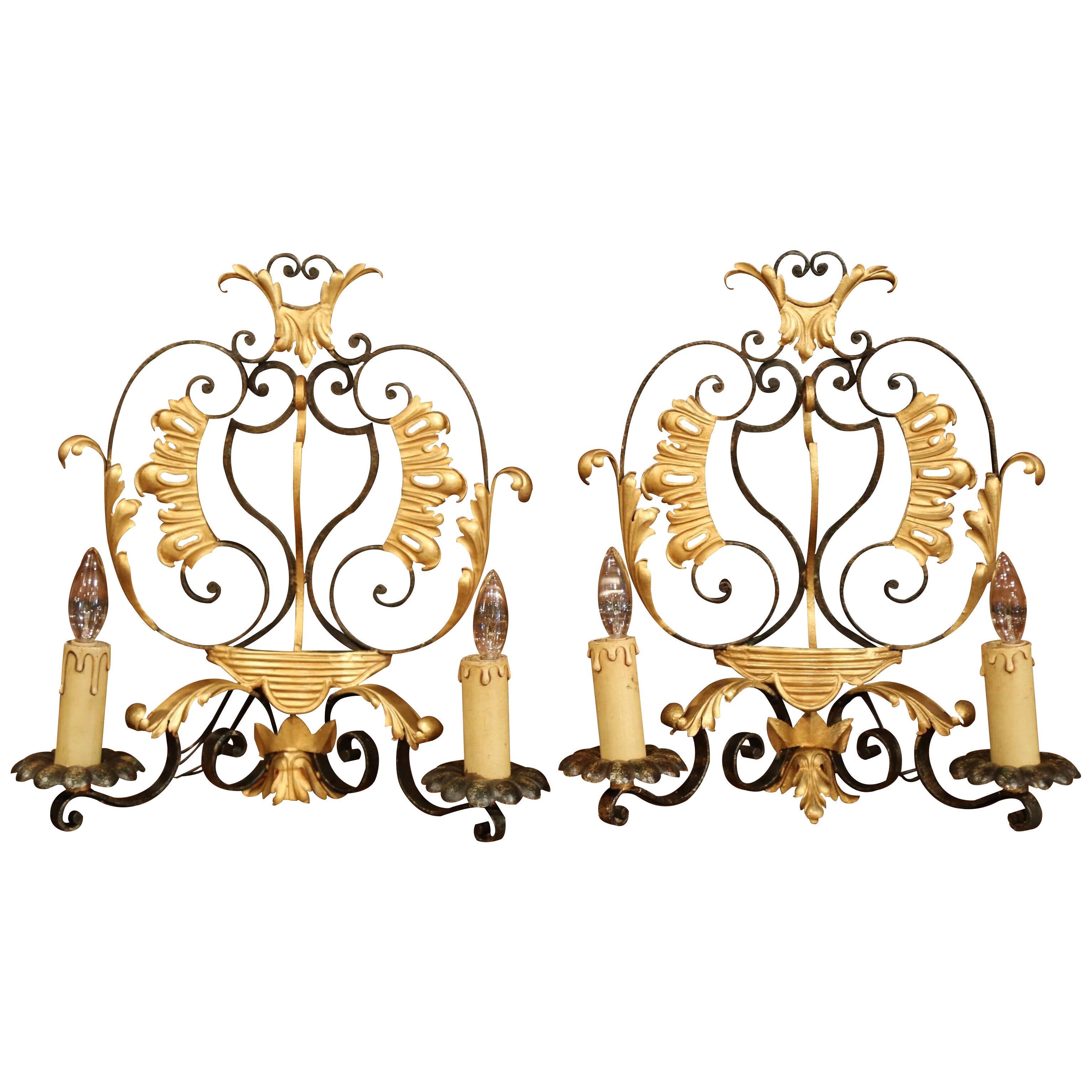 Pair of Early 20th Century French Louis XV Painted Iron Two-Light Wall Sconces