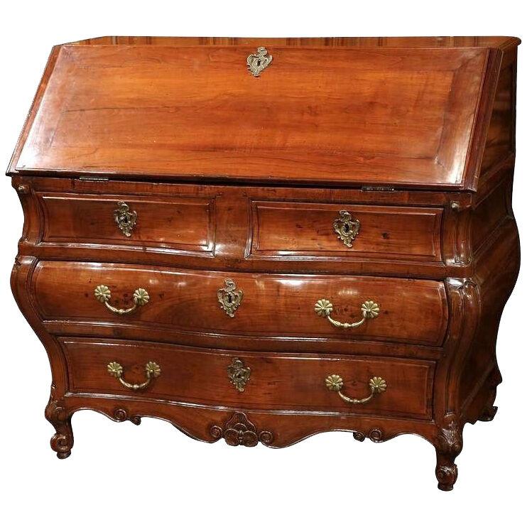 18th Century French Louis XV Carved Bombe Cherry Desk Secretary from Bordeaux