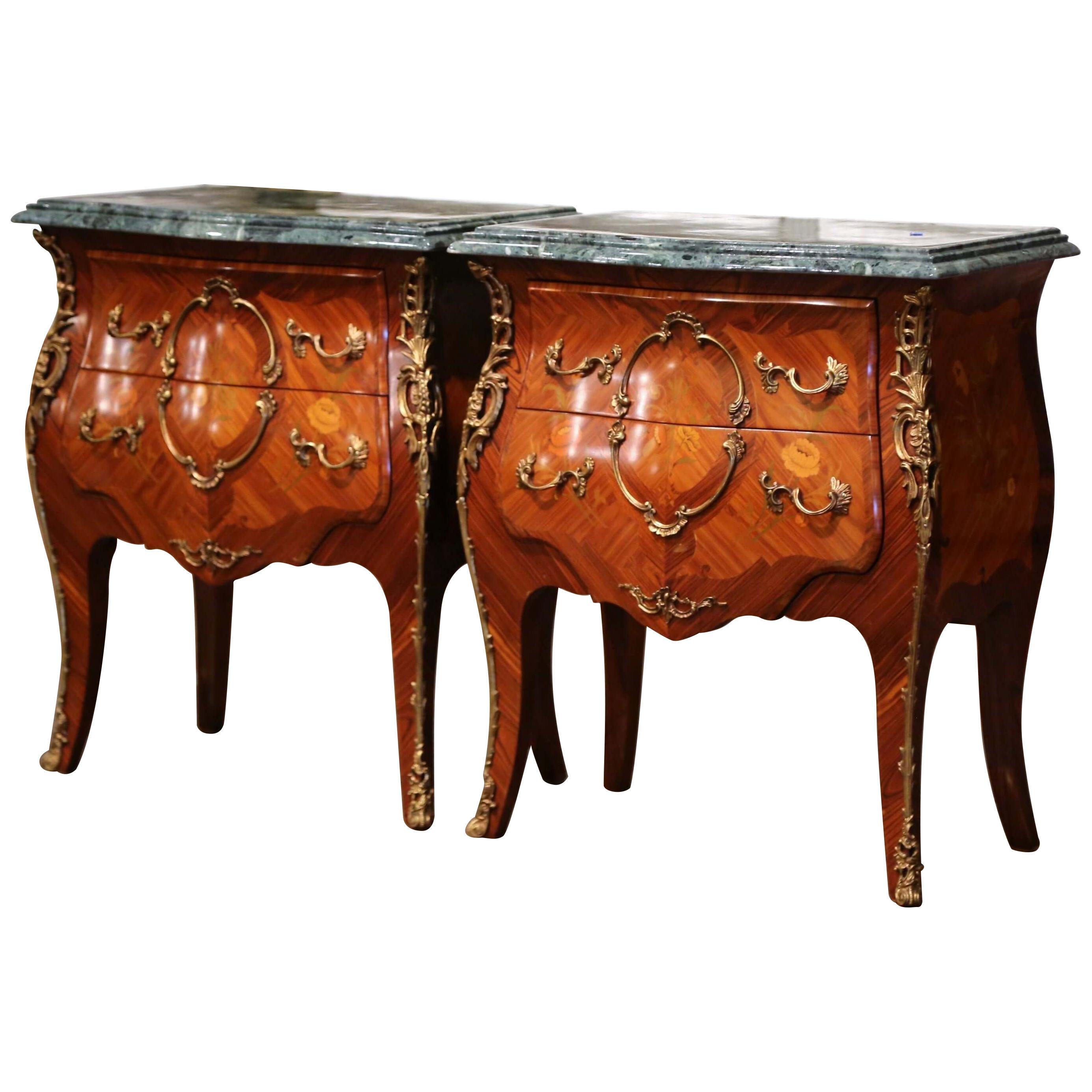 Pair of Louis XV Marble Top Marquetry Inlaid Walnut and Bronze Bombe Nightstands