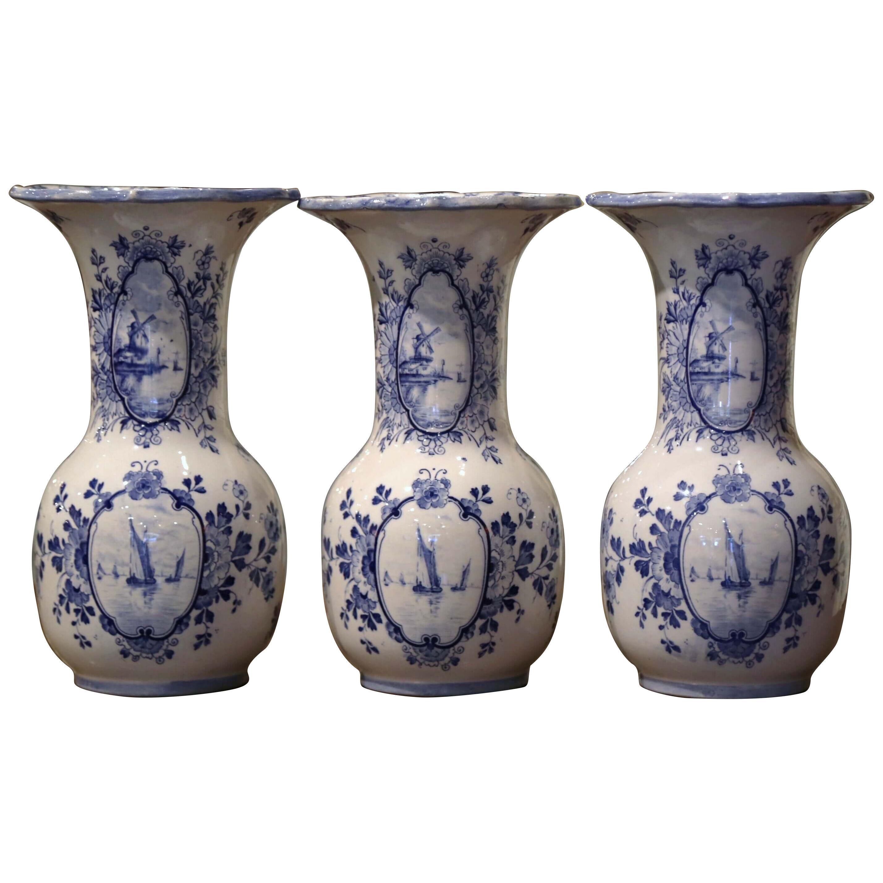 Mid-Century Dutch Blue and White Hand-Painted Faience Delft Vases, Set of 3