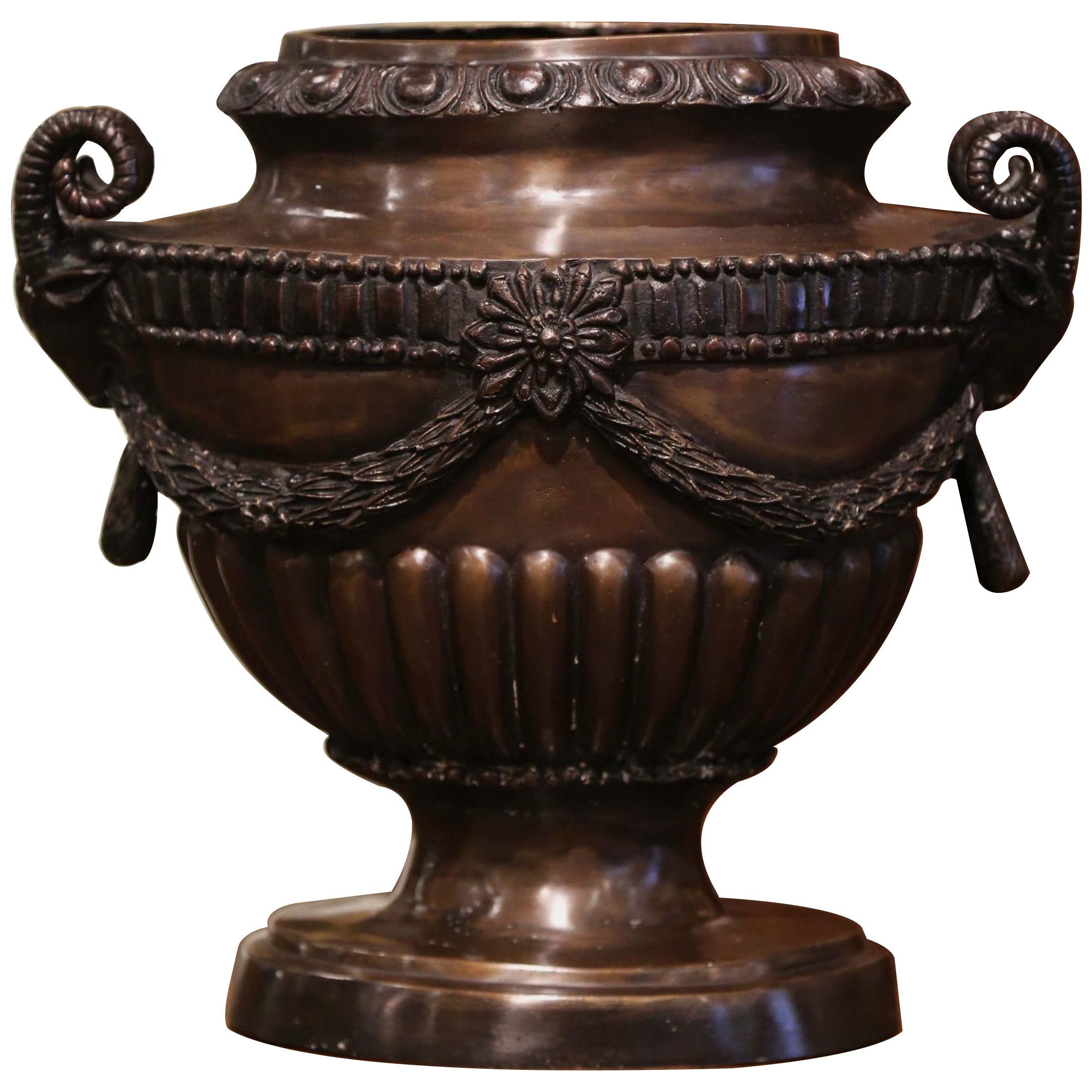 Mid-Century French Classical Patinated Bronze Urn with Ram Head Handles