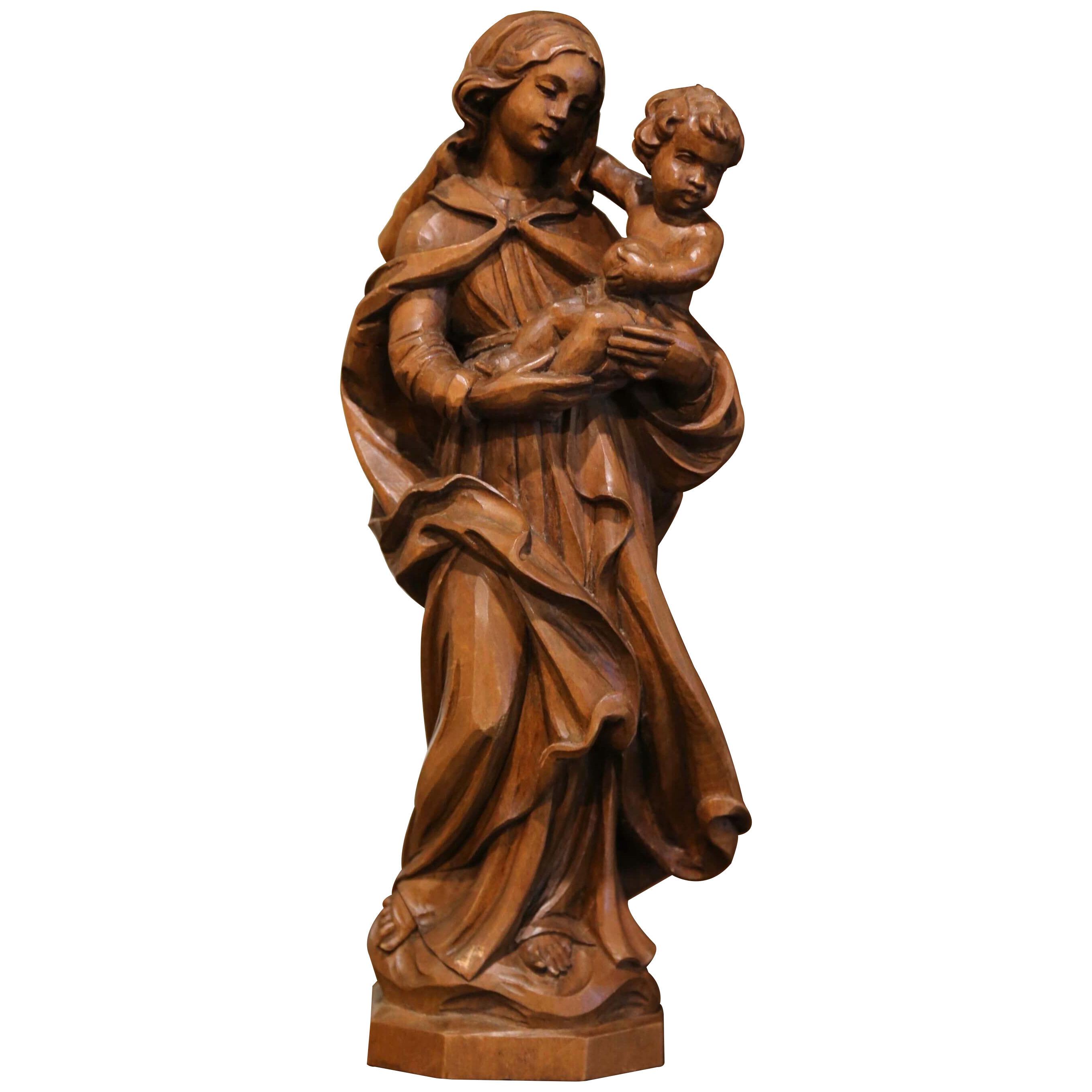 Mid-Century, French Hand Carved Walnut Statue of The Virgin Mary and Child