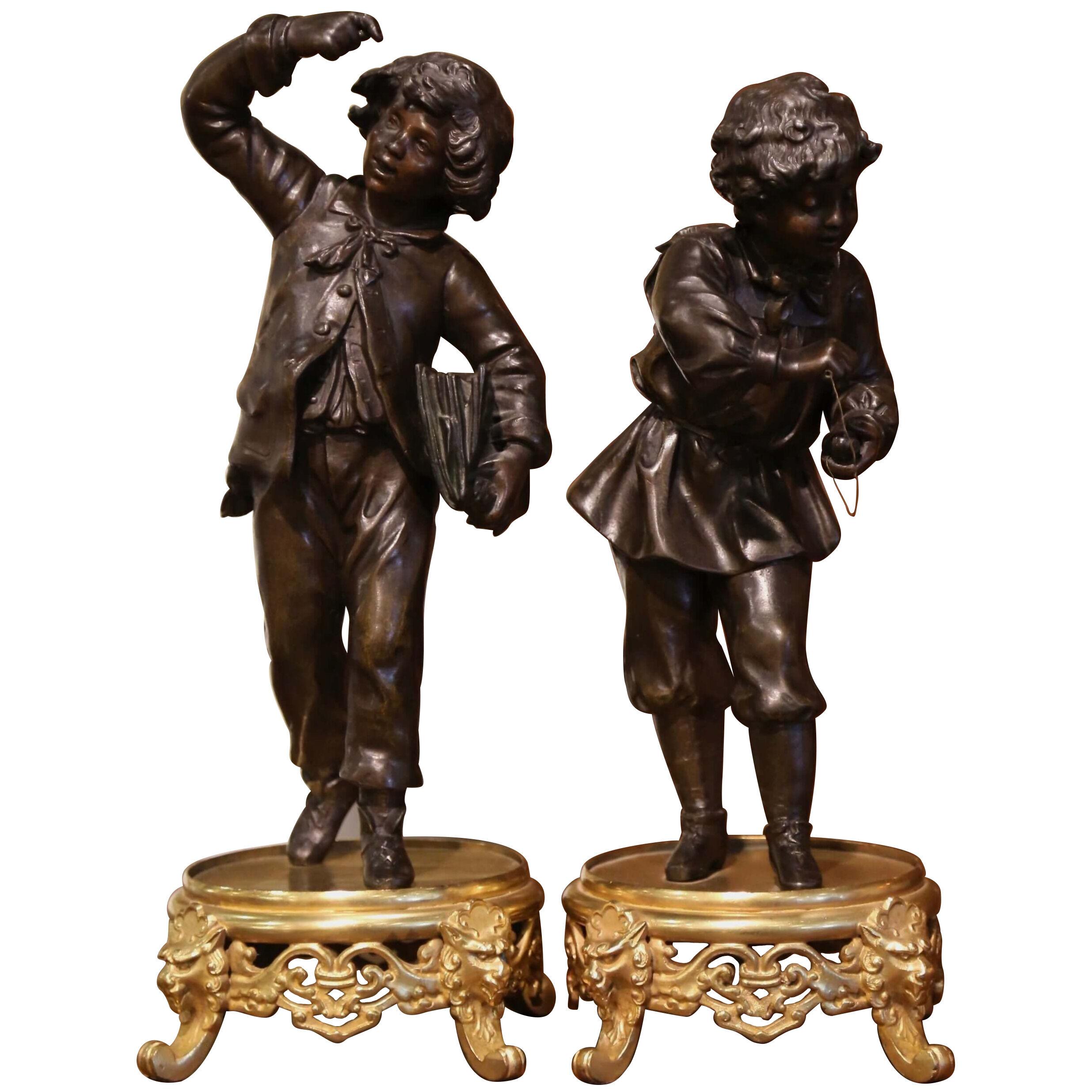 Pair of 19th Century French Spelter and Bronze Boy Figurative Sculptures