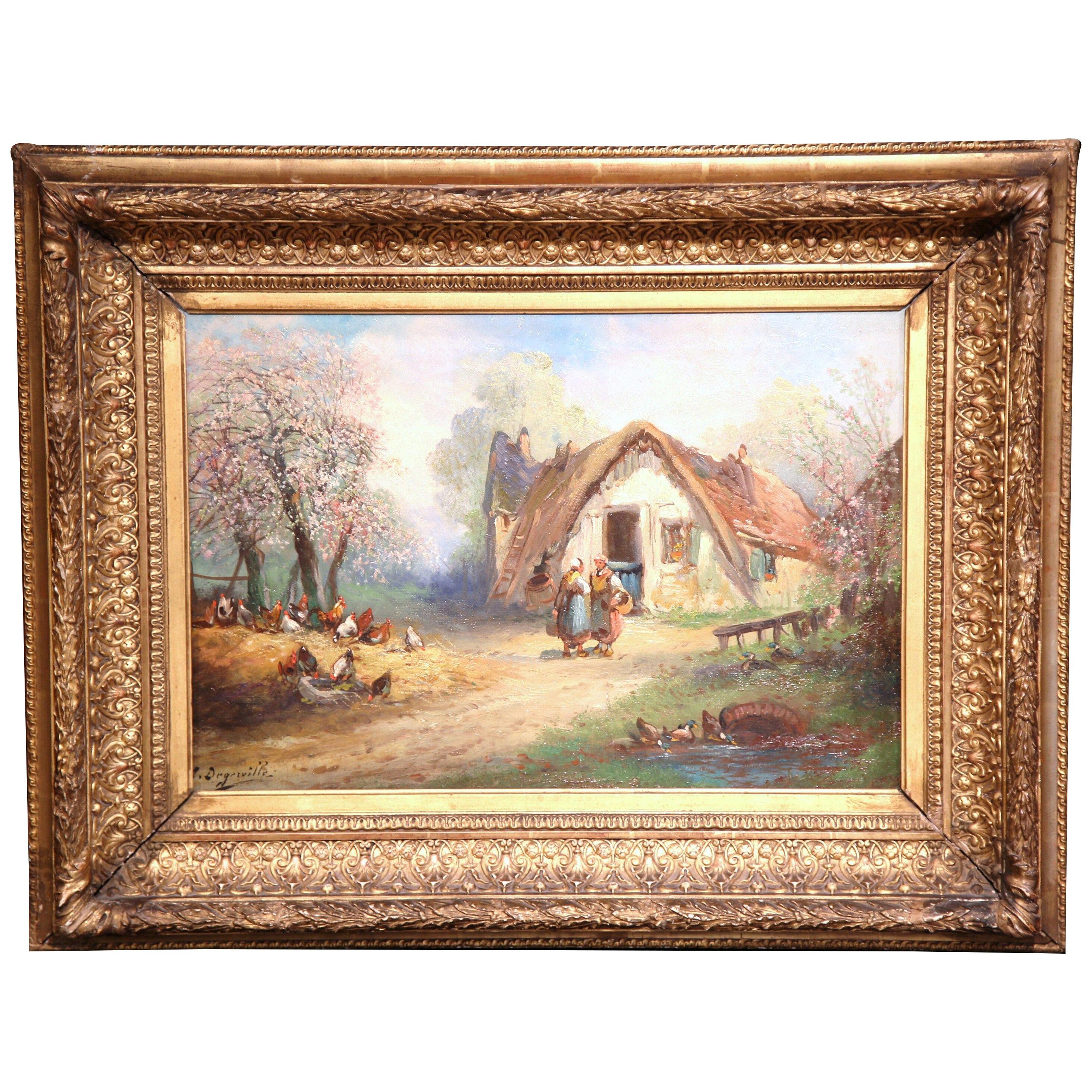 19th Century French Country Scene Oil Painting in Gilt Frame Signed A Degerville
