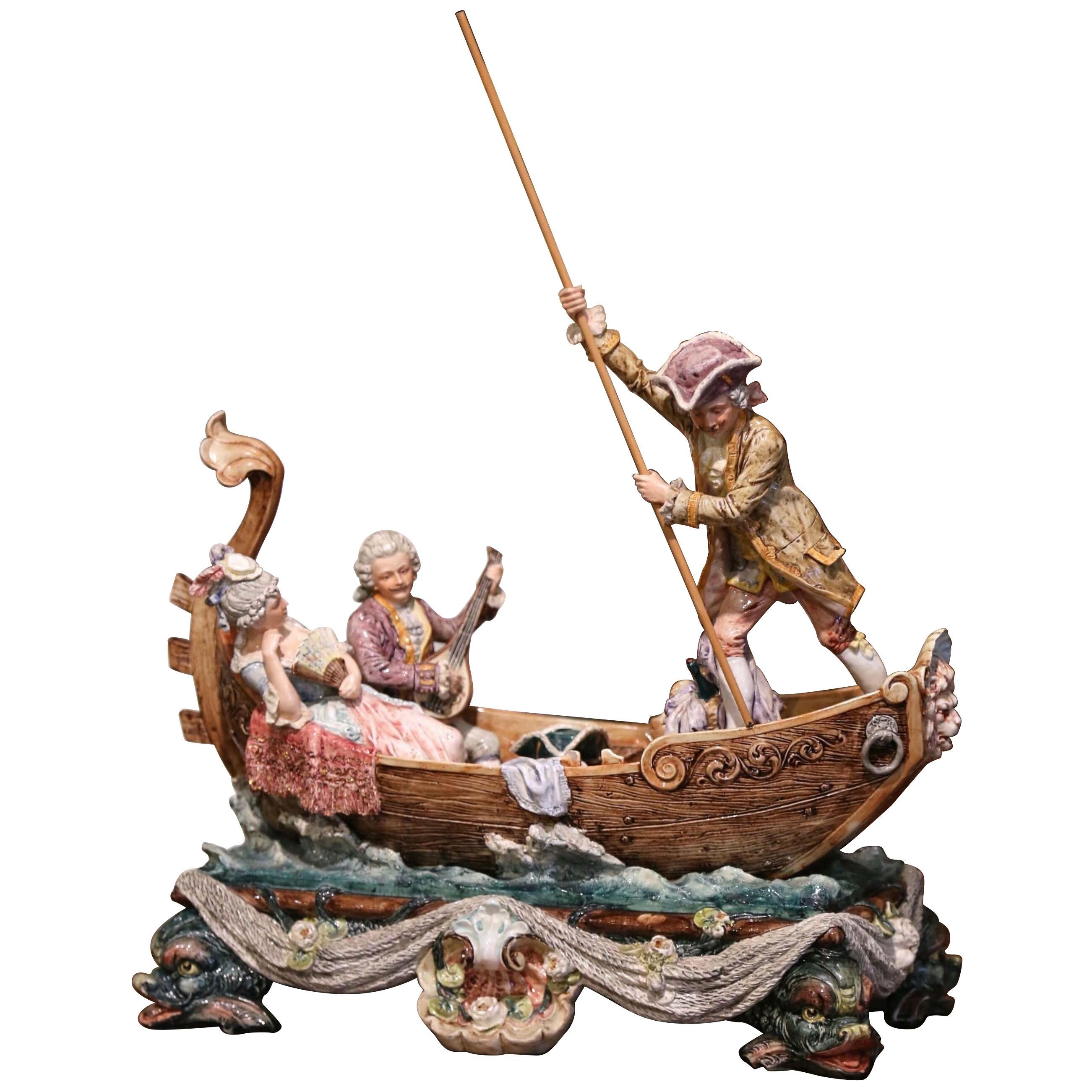 Early 20th Century French Hand-Painted Barbotine Boat and People Composition