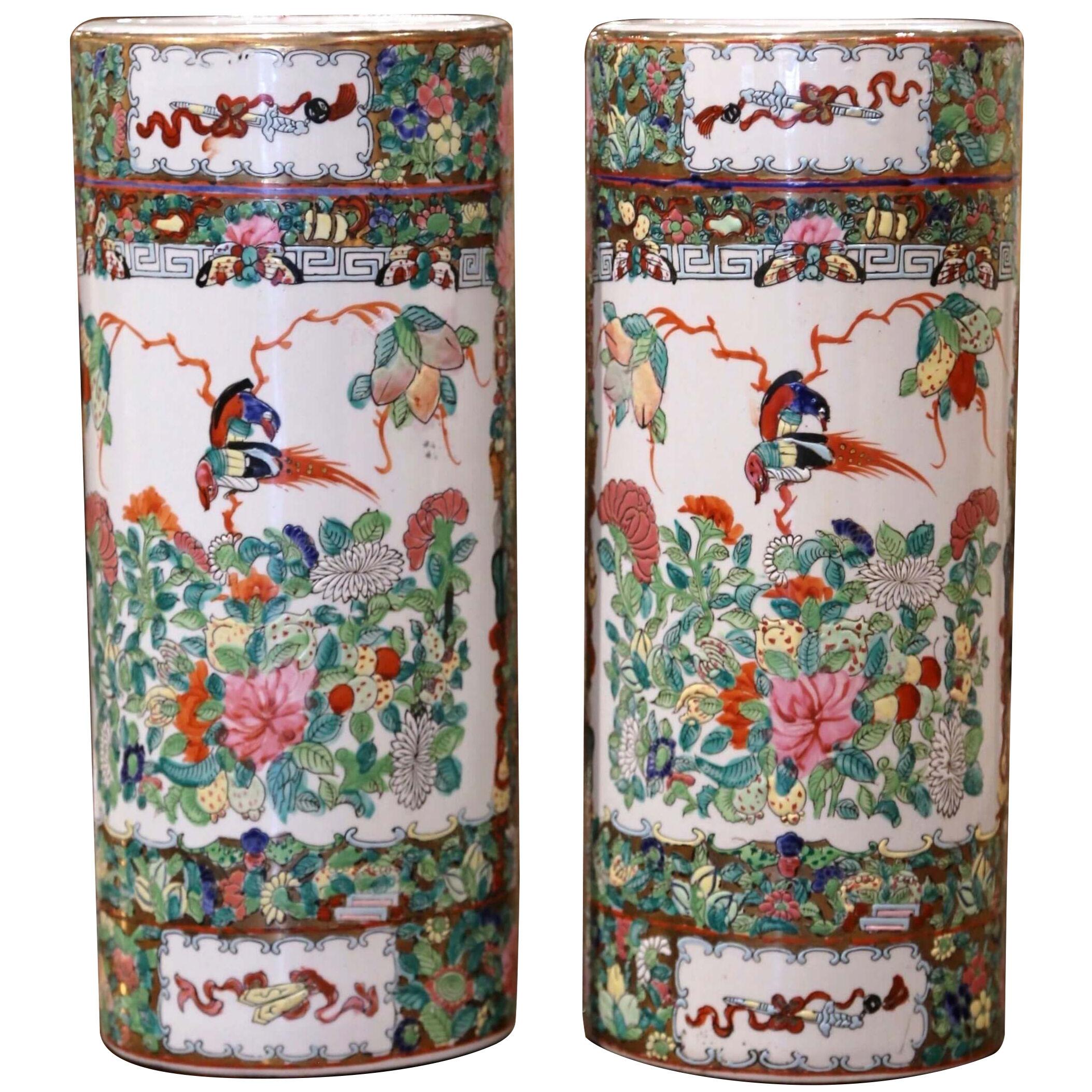 Pair Mid-20th Century Chinese Painted & Gilt Rose Medallion Porcelain Hat Stands