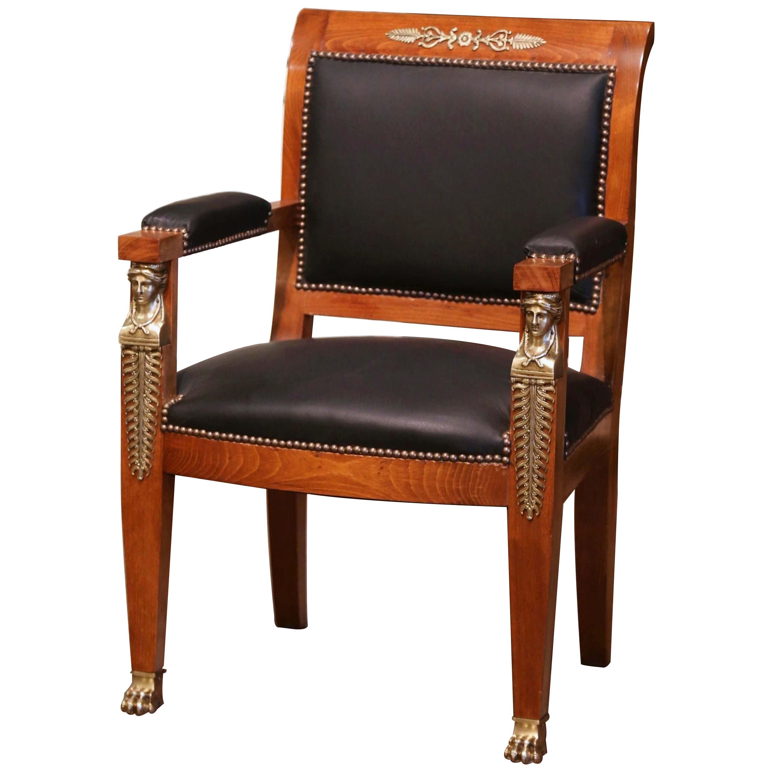 19th Century French Empire Mahogany and Leather Desk Armchair with Bronze Mounts