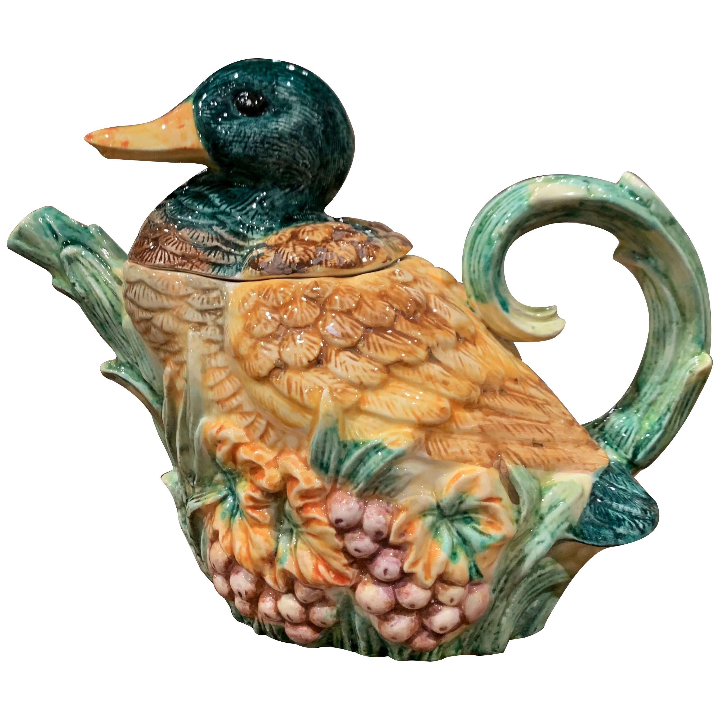 Midcentury French Hand Painted Ceramic Barbotine Duck Coffee or Teapot