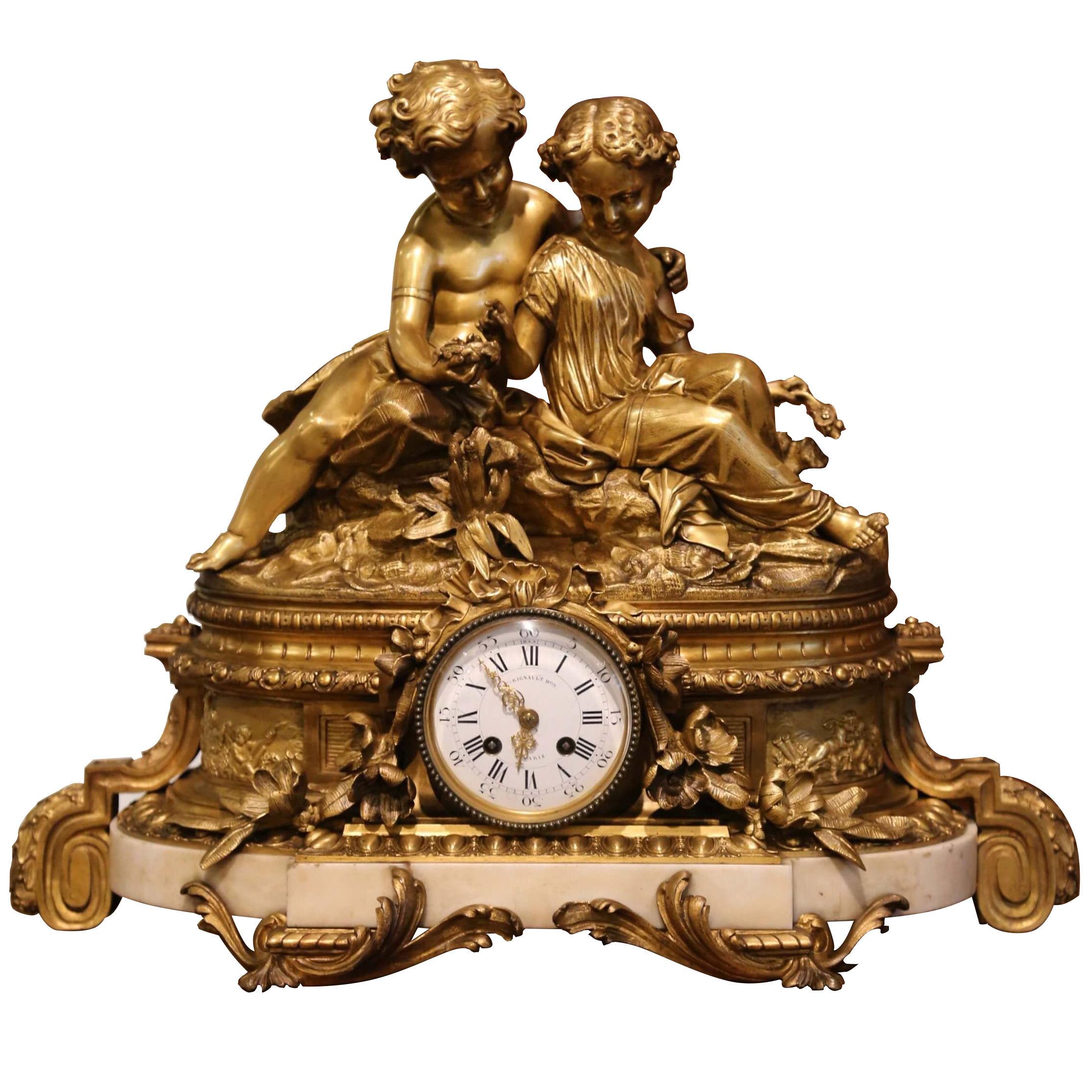 19th Century French Louis XV Bronze Dore and Marble Mantel Clock Signed Rignault