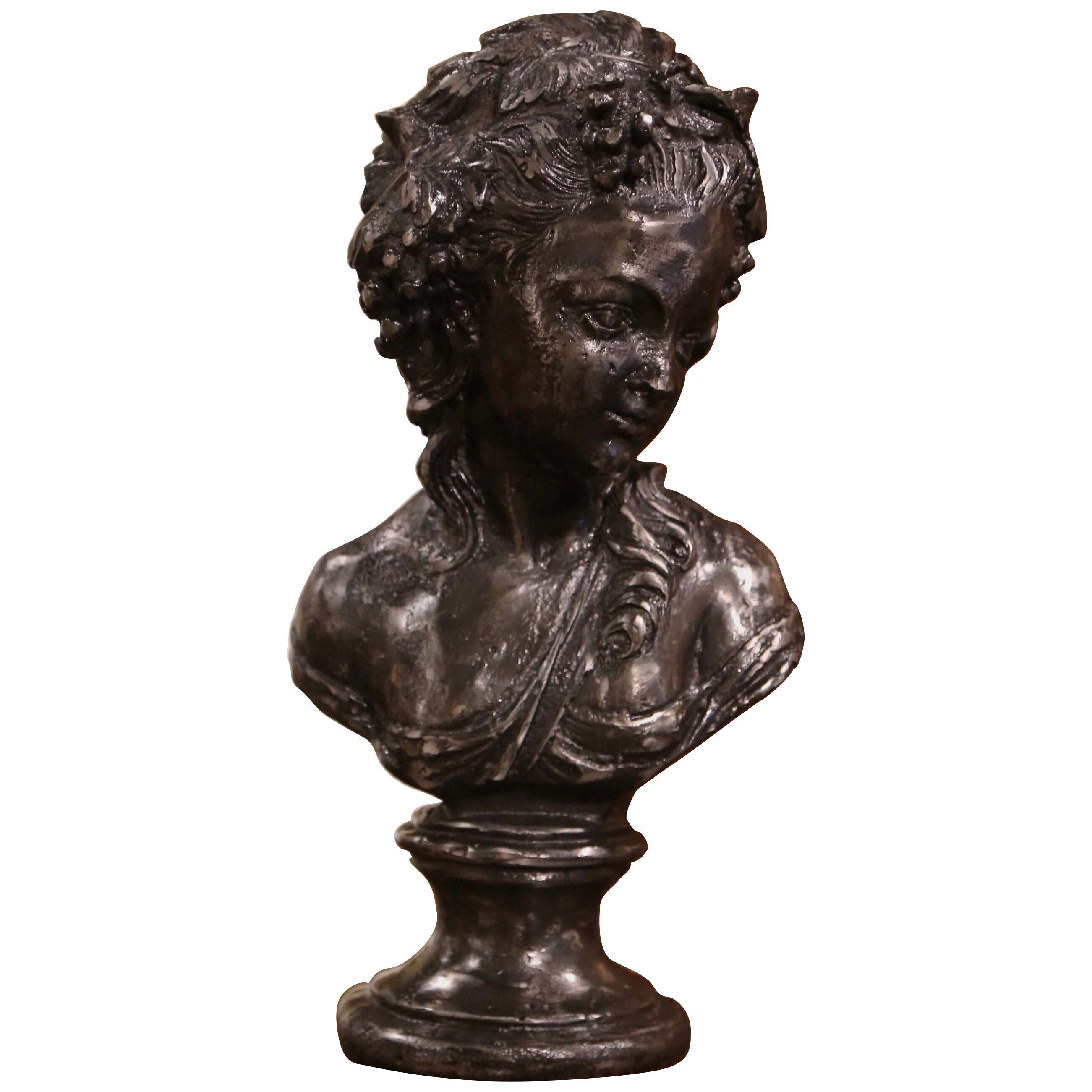 Mid-Century French Polished Iron Bust of Young "Bacchante" Female