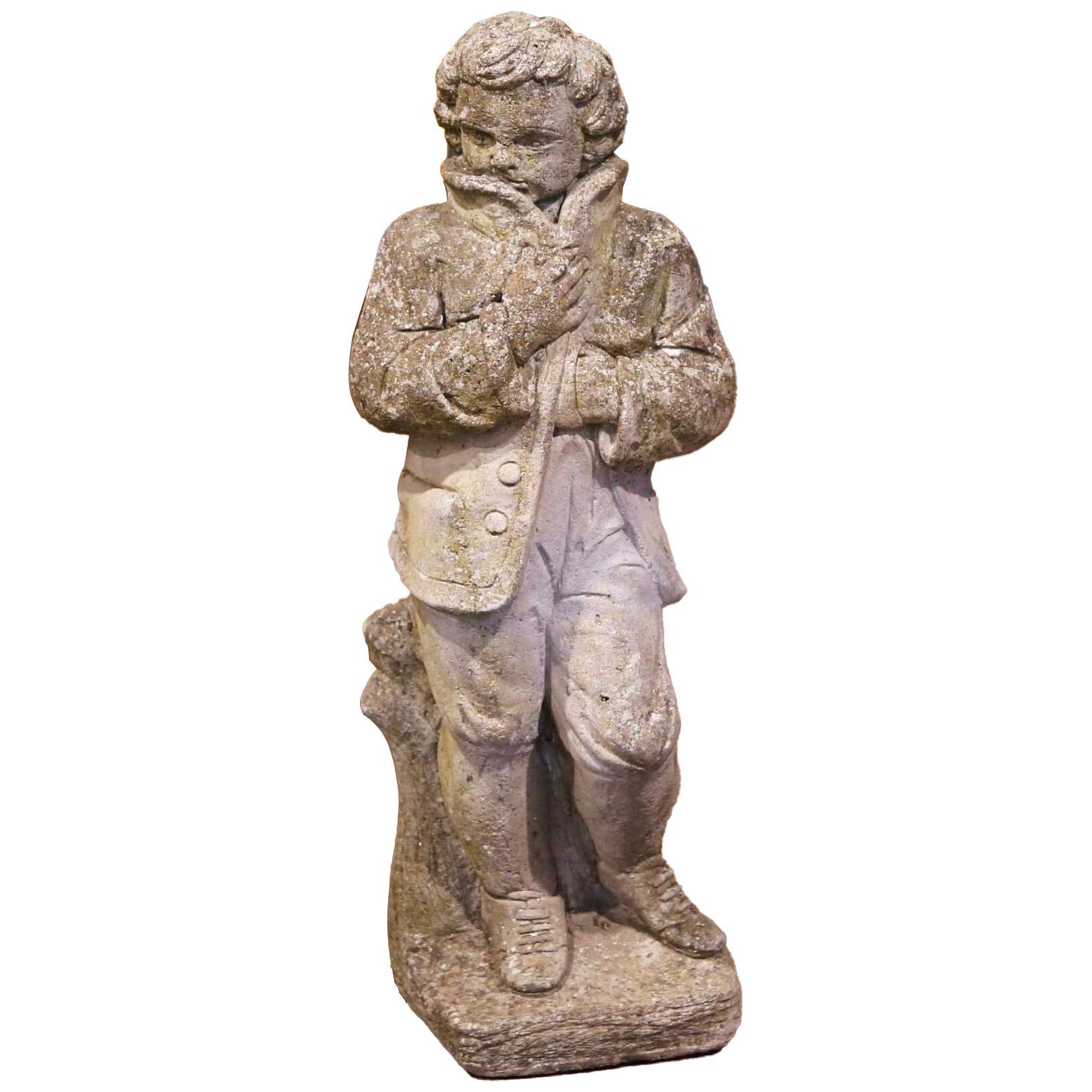 19th Century French Outdoor Carved Weathered Stone Young Man Statue