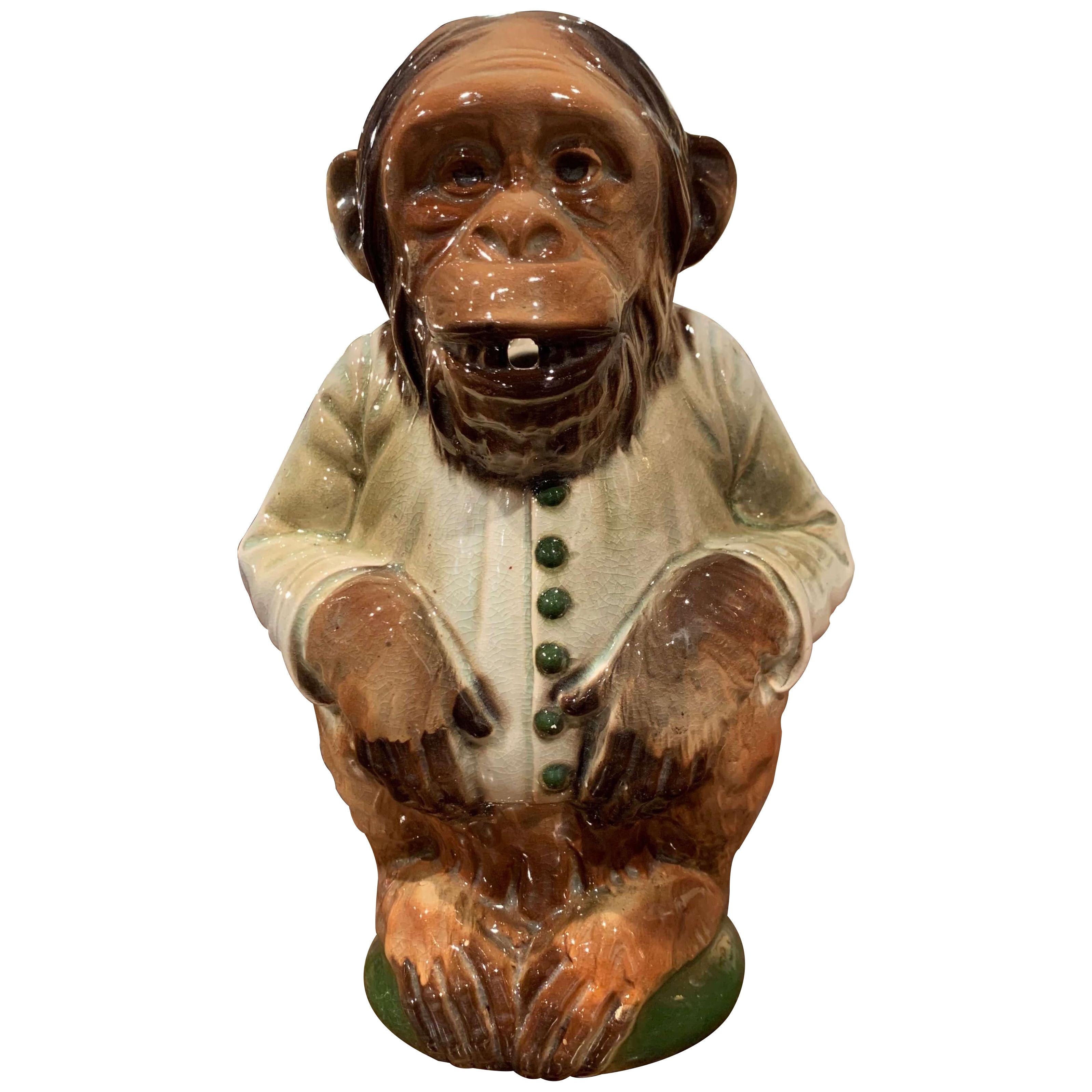 Late 19th Century French Saint Clement Painted Ceramic Barbotine Monkey Pitcher