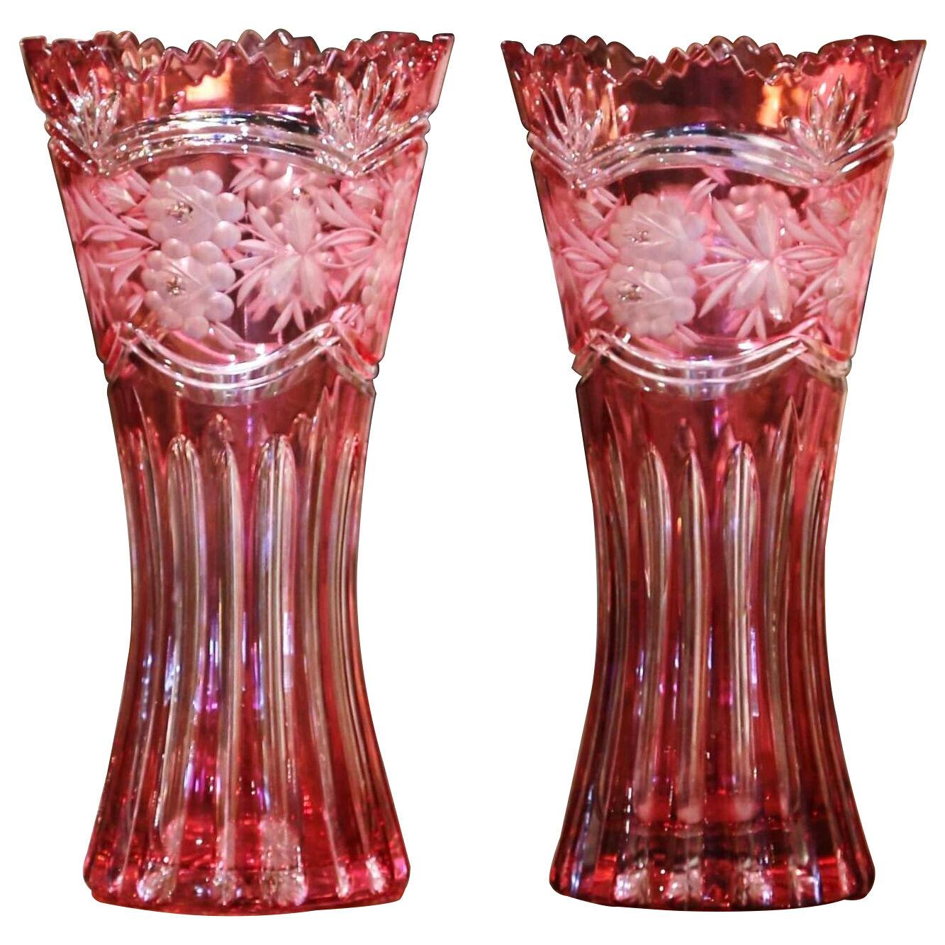Pair of Midcentury French Cut Crystal Trumpet Vases with Frosted Floral Motifs