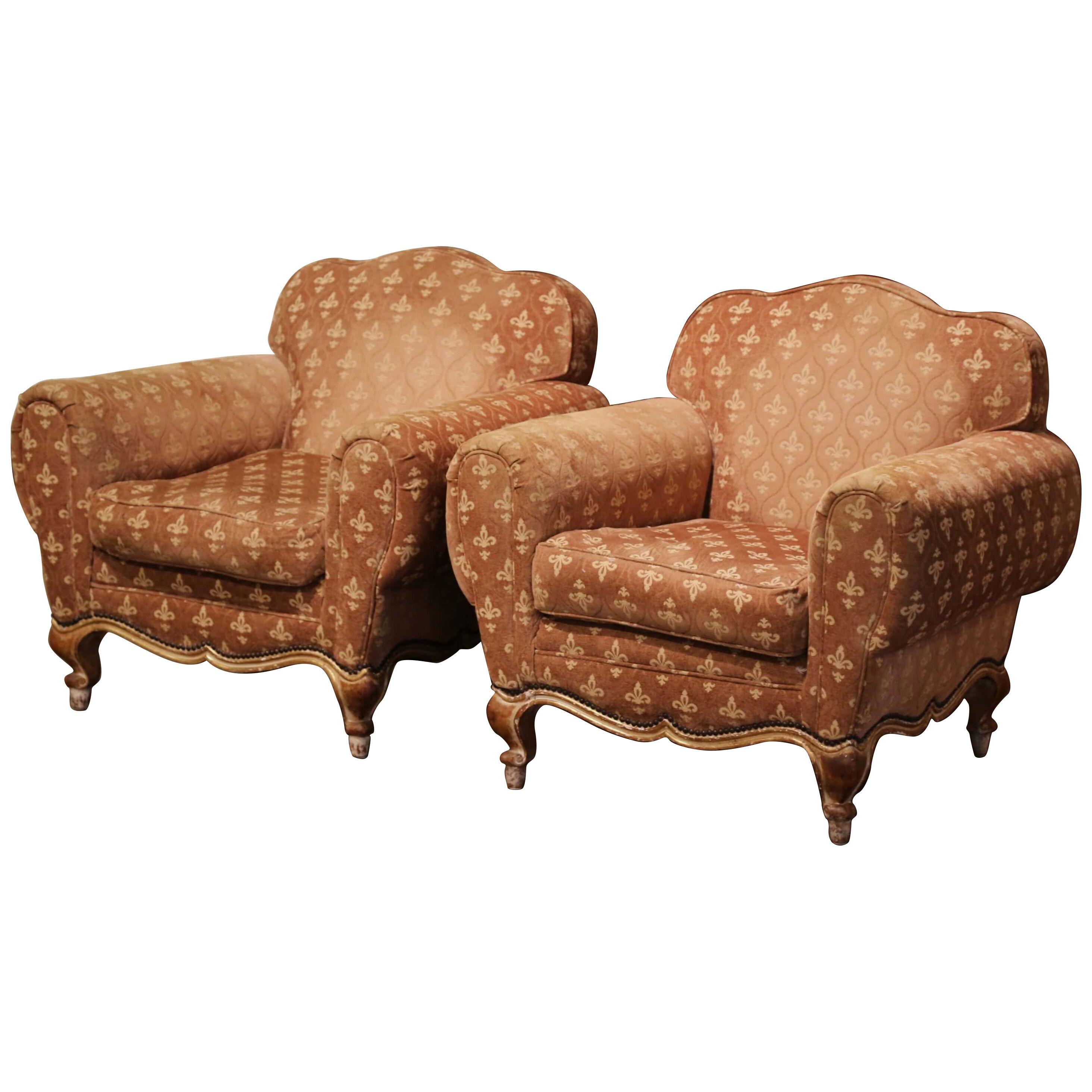 Pair of 19th Century French Carved Club Armchairs with Fleur-de-Lis Fabric