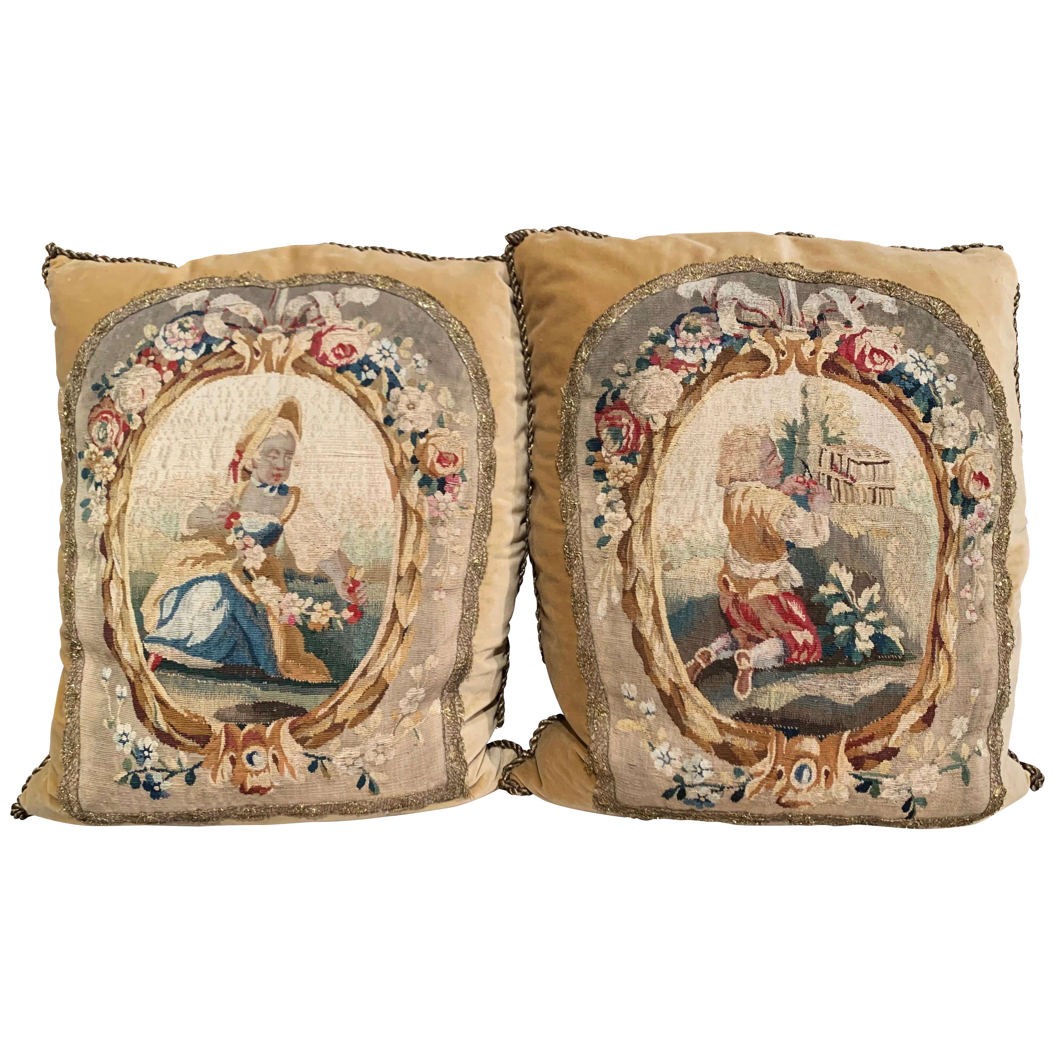 Pair of Down Pillows Made with 18th Century Aubusson Tapestry, Trim and Velvet