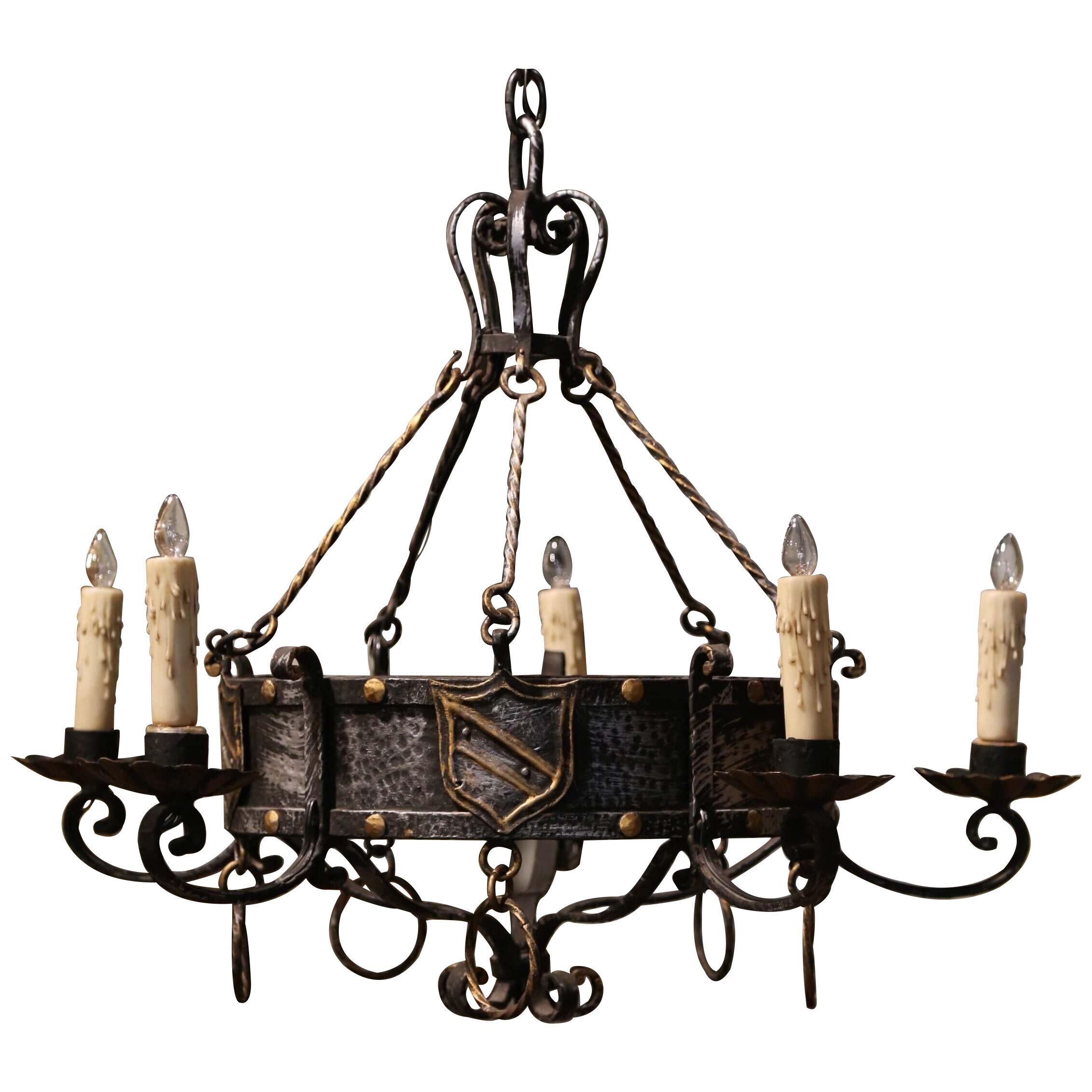 Mid-Century French Gothic Polished and Gilt Iron Five-Light Chandelier 