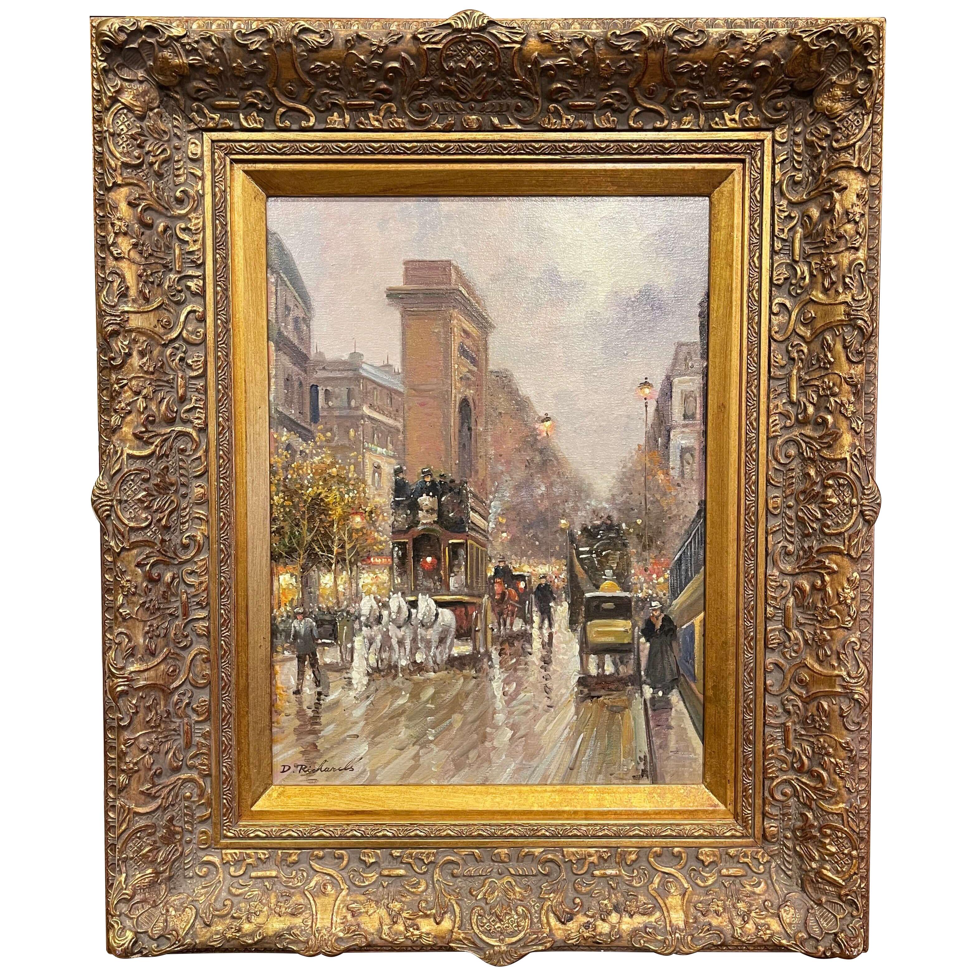 Late 20th Century Parisian Street Oil Painting in Gilt Frame Signed D. Richards