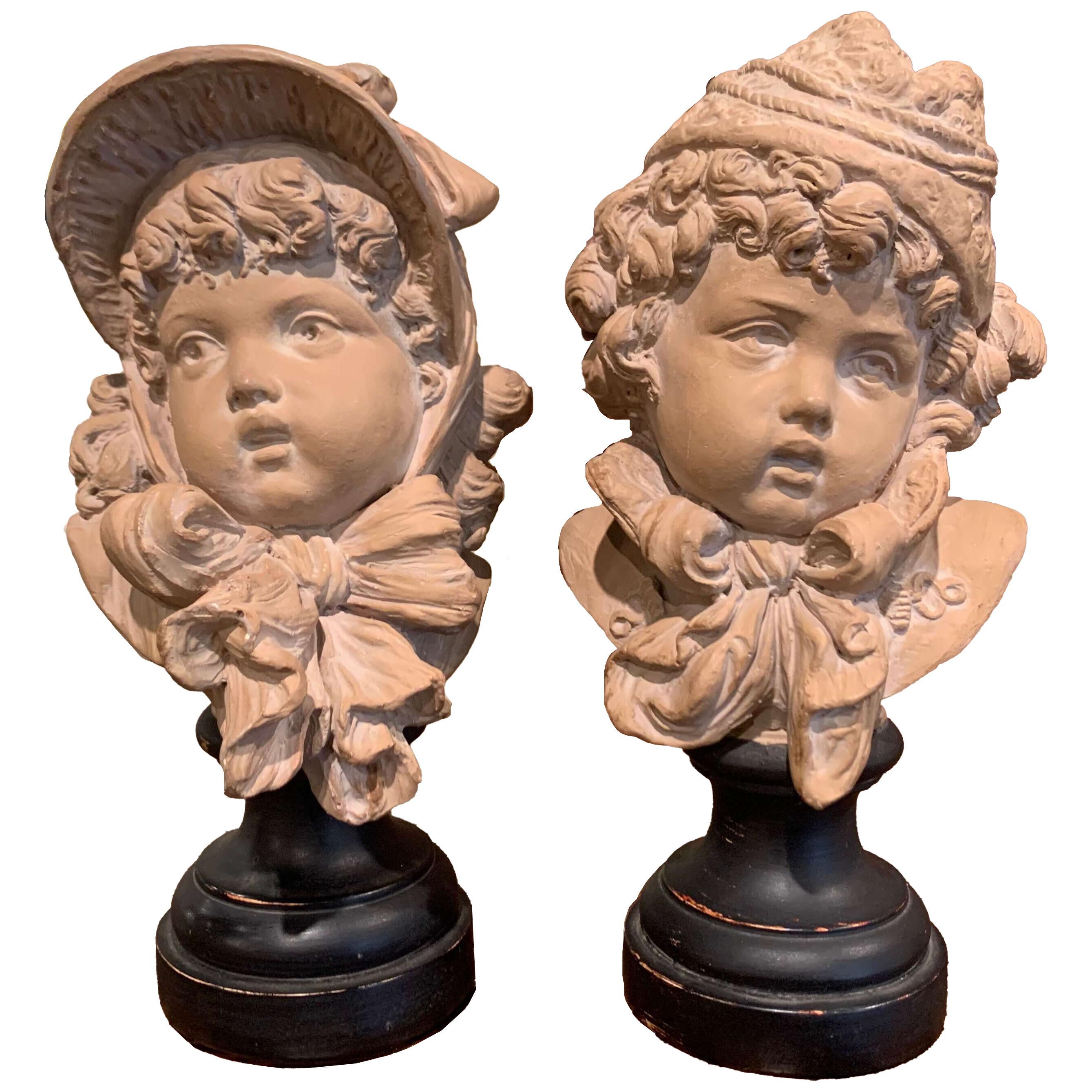 Pair of 19th Century French Terracotta Busts of Children Signed E. Guillemin