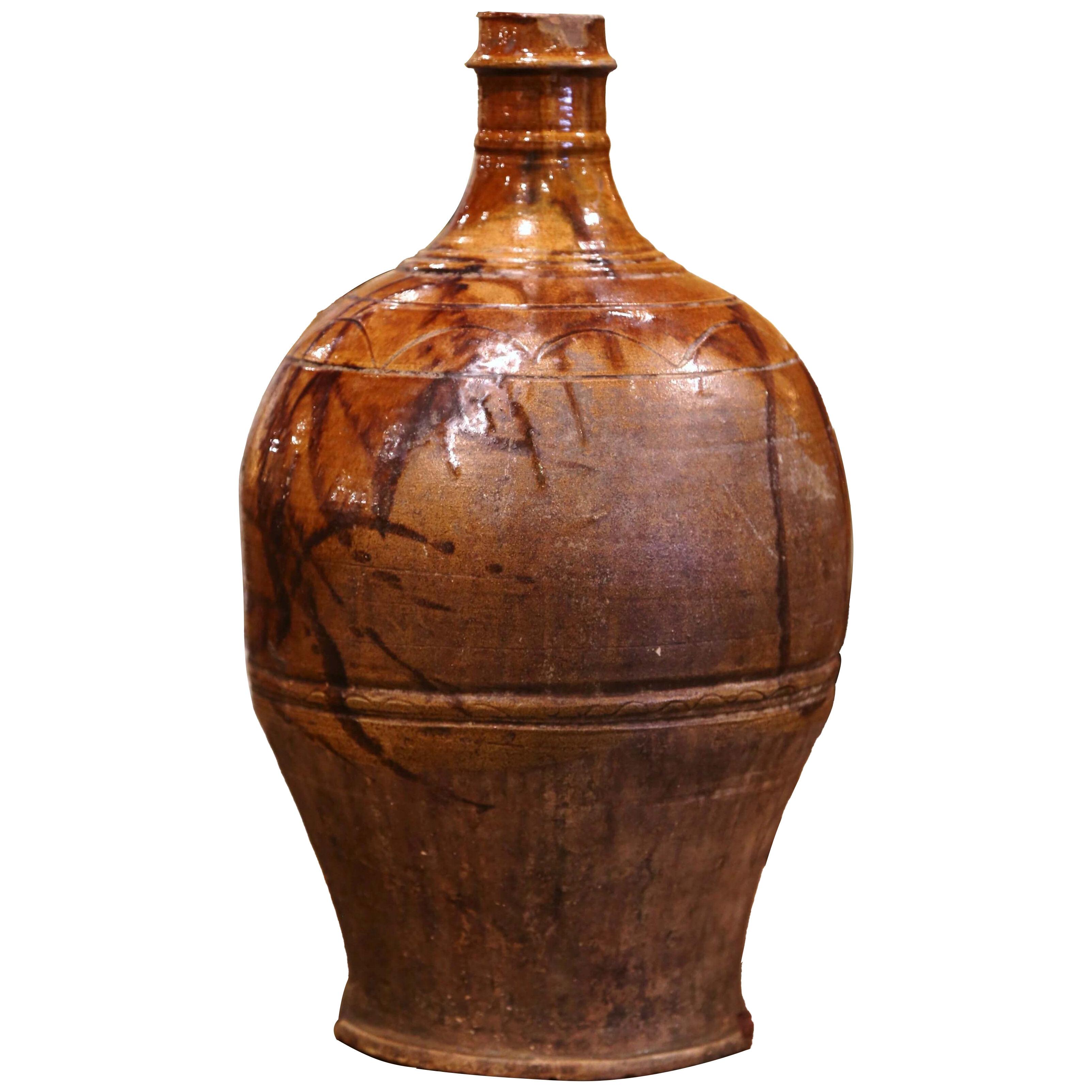 19th Century Spanish Glazed and Painted Terracotta Wine Jar