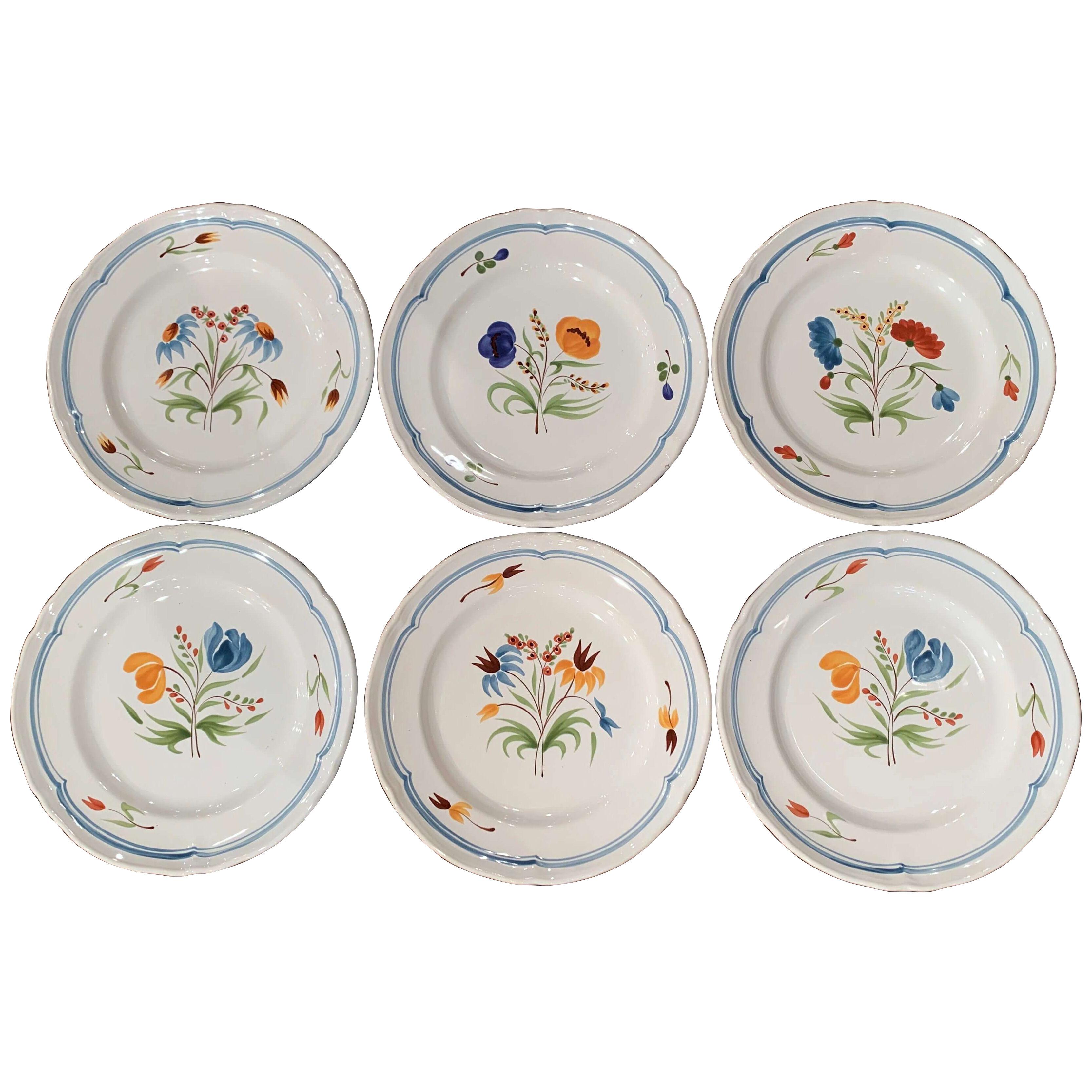 Set of Six French Hand Painted Ceramic Plates from Brittany