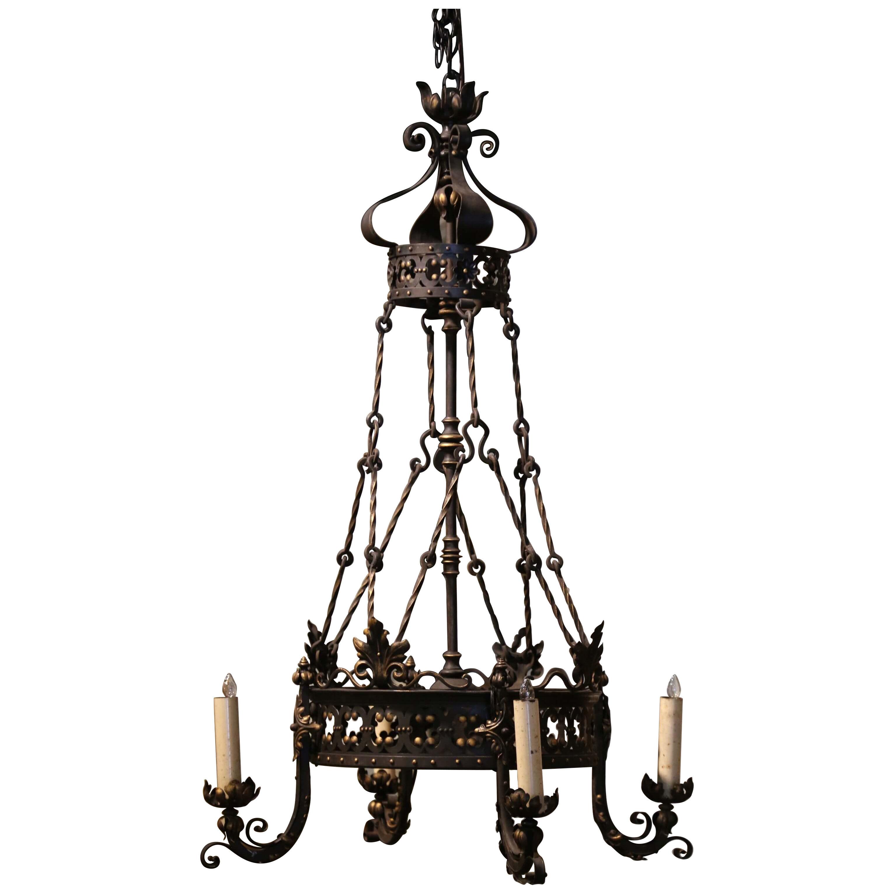 19th Century French Gothic Black and Gilt Wrought Iron Four-Light Chandelier