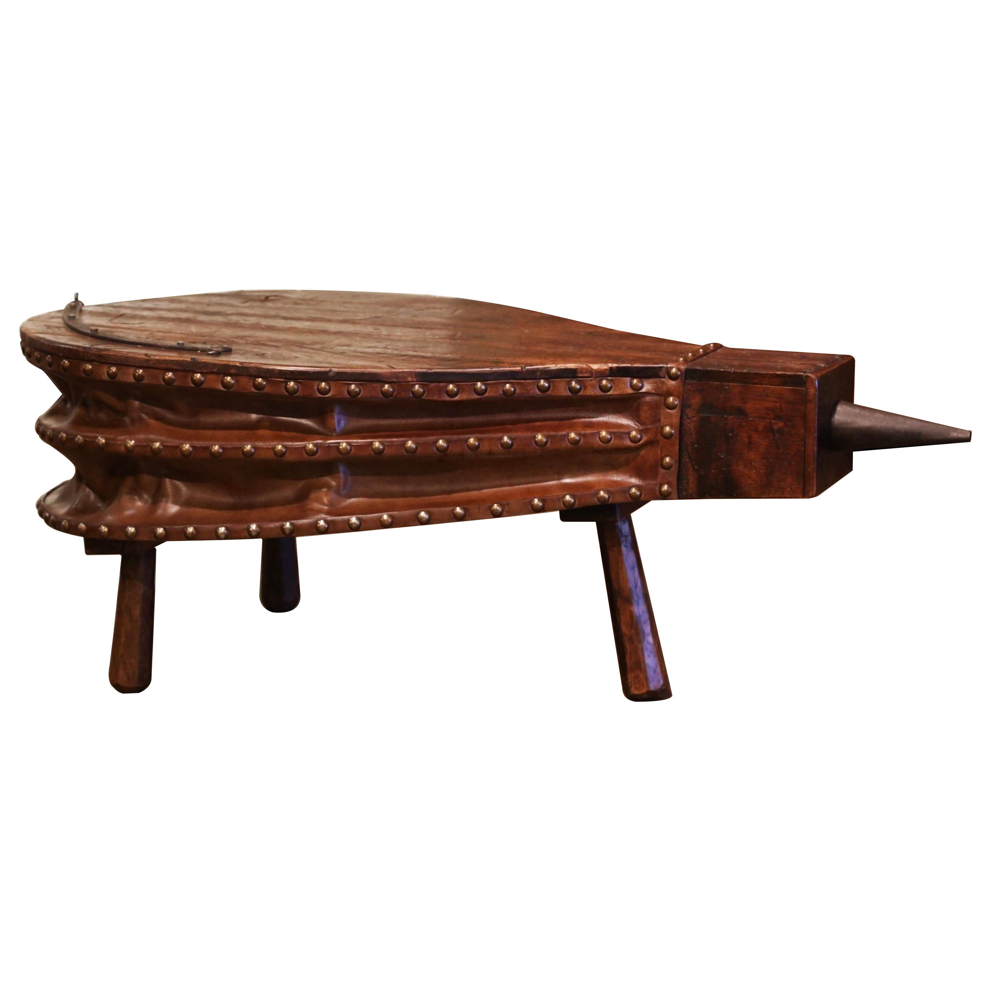 19th Century French Oak, Iron and Leather Blacksmith Bellows Coffee Table