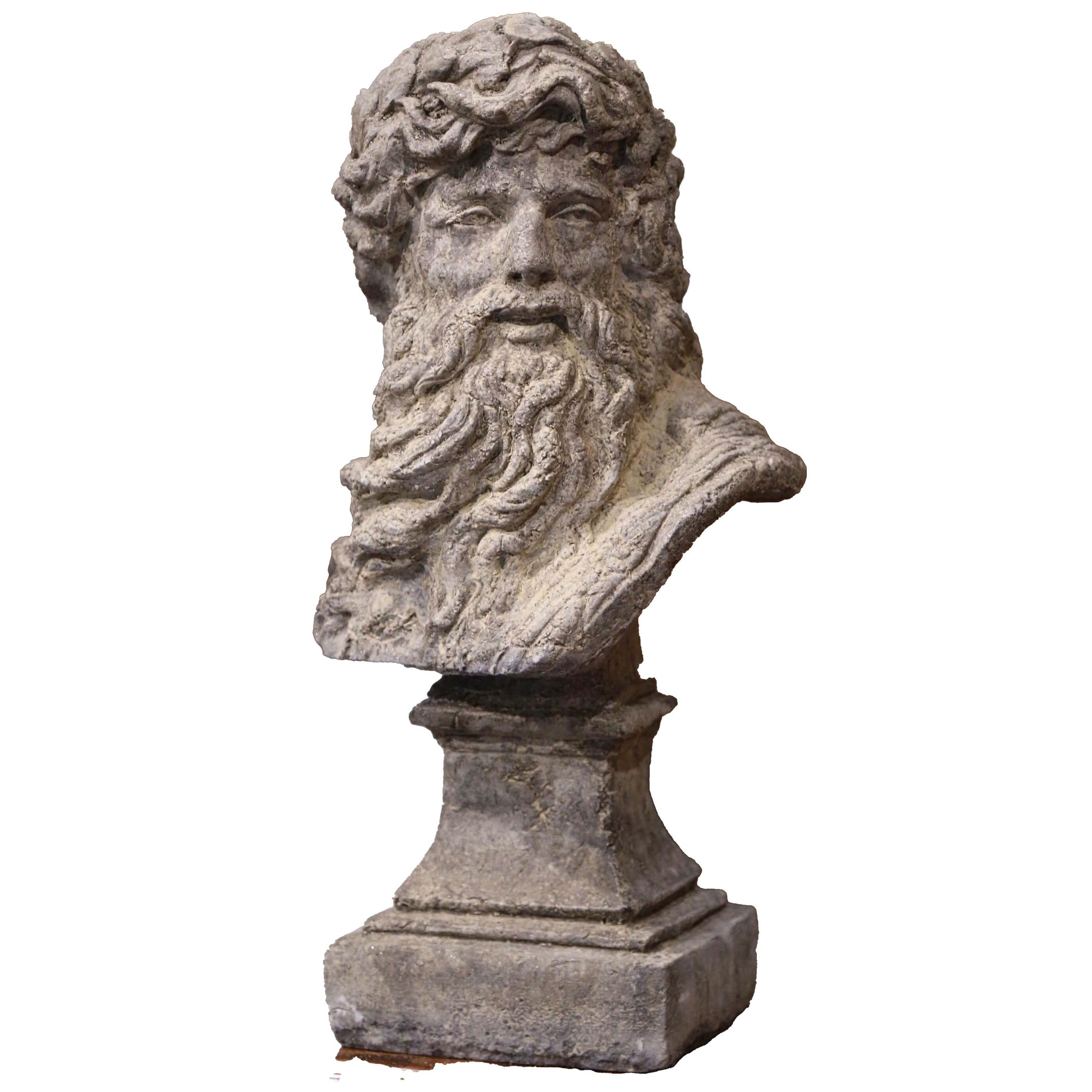 Mid-Century French Outdoor Weathered Cast Stone Statuary of Greek God Zeus