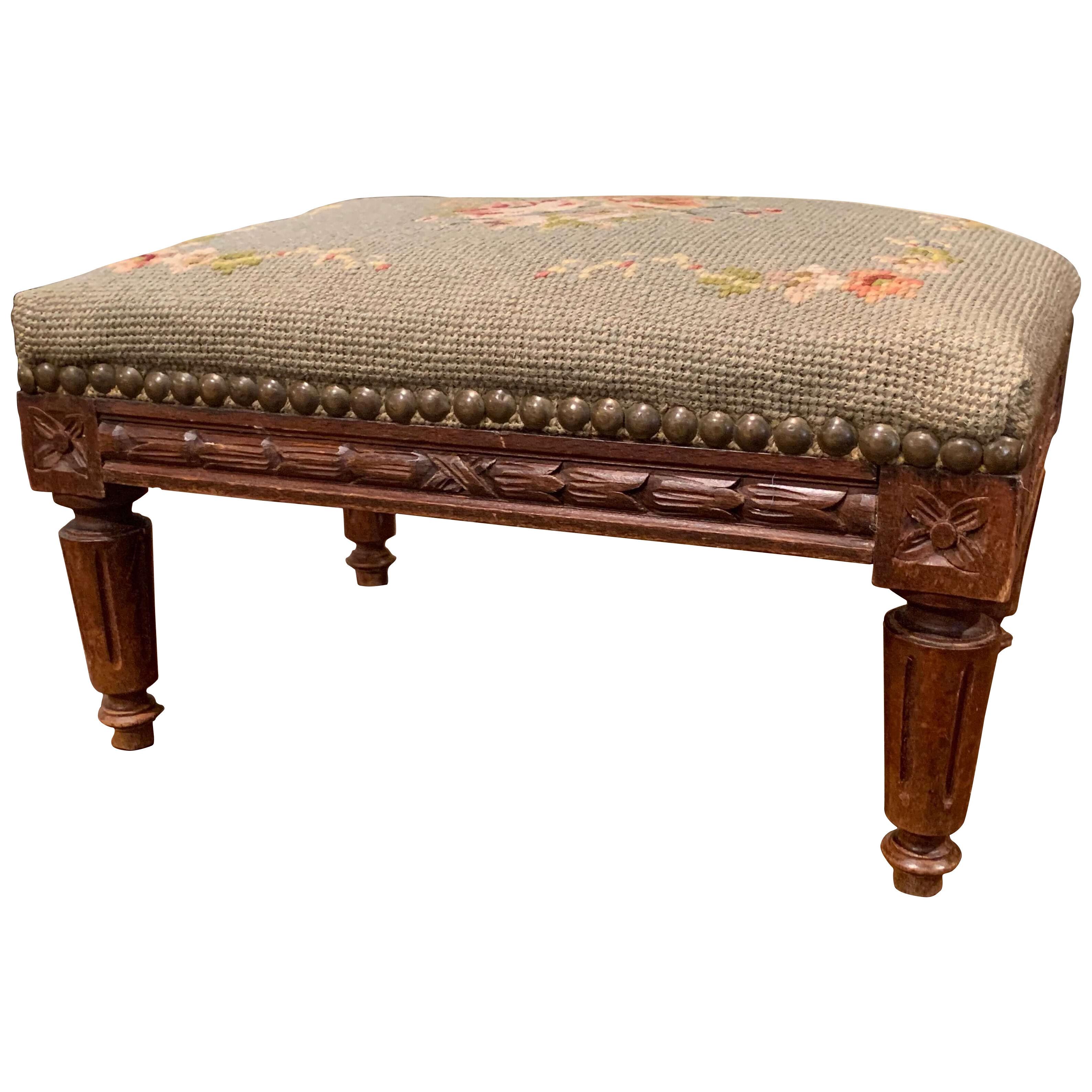 Early 20th Century French Walnut Footstool with Needlepoint Tapestry