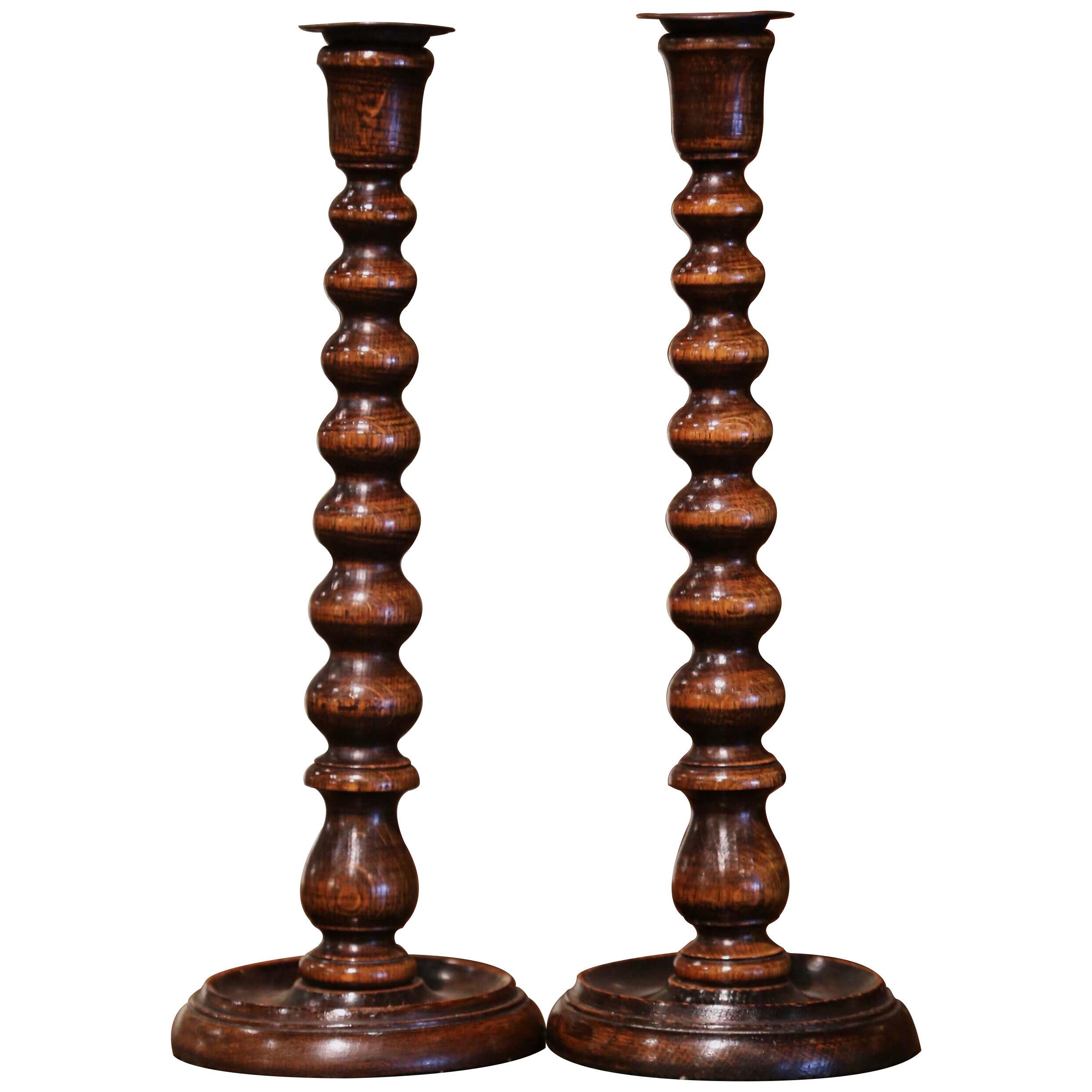 Pair of 1920's English Victorian Carved Oak Bobbin Turned Candlesticks