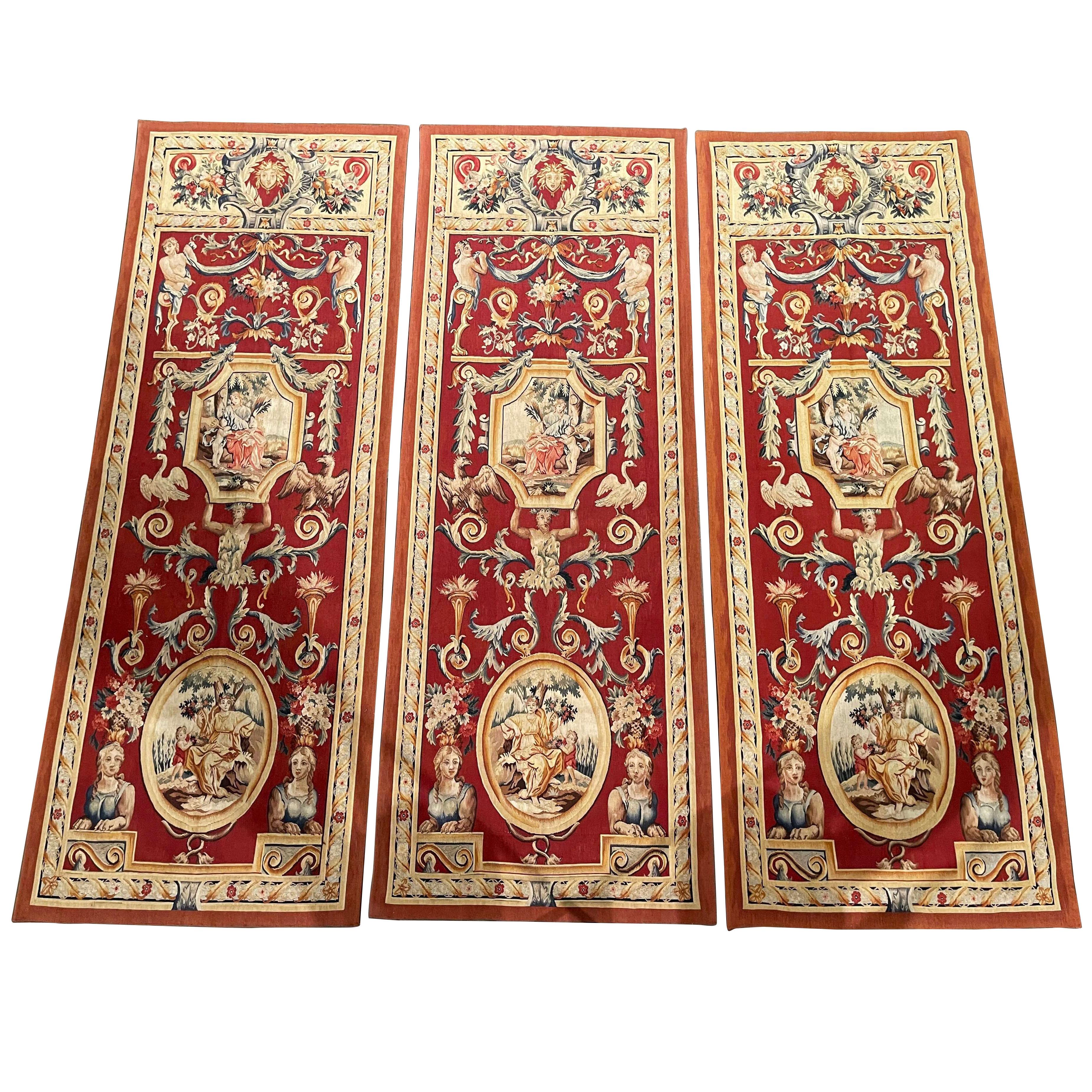 Mid-Century French Neo-Classical Hand Woven Wall Portieres Tapestries-Set of 3