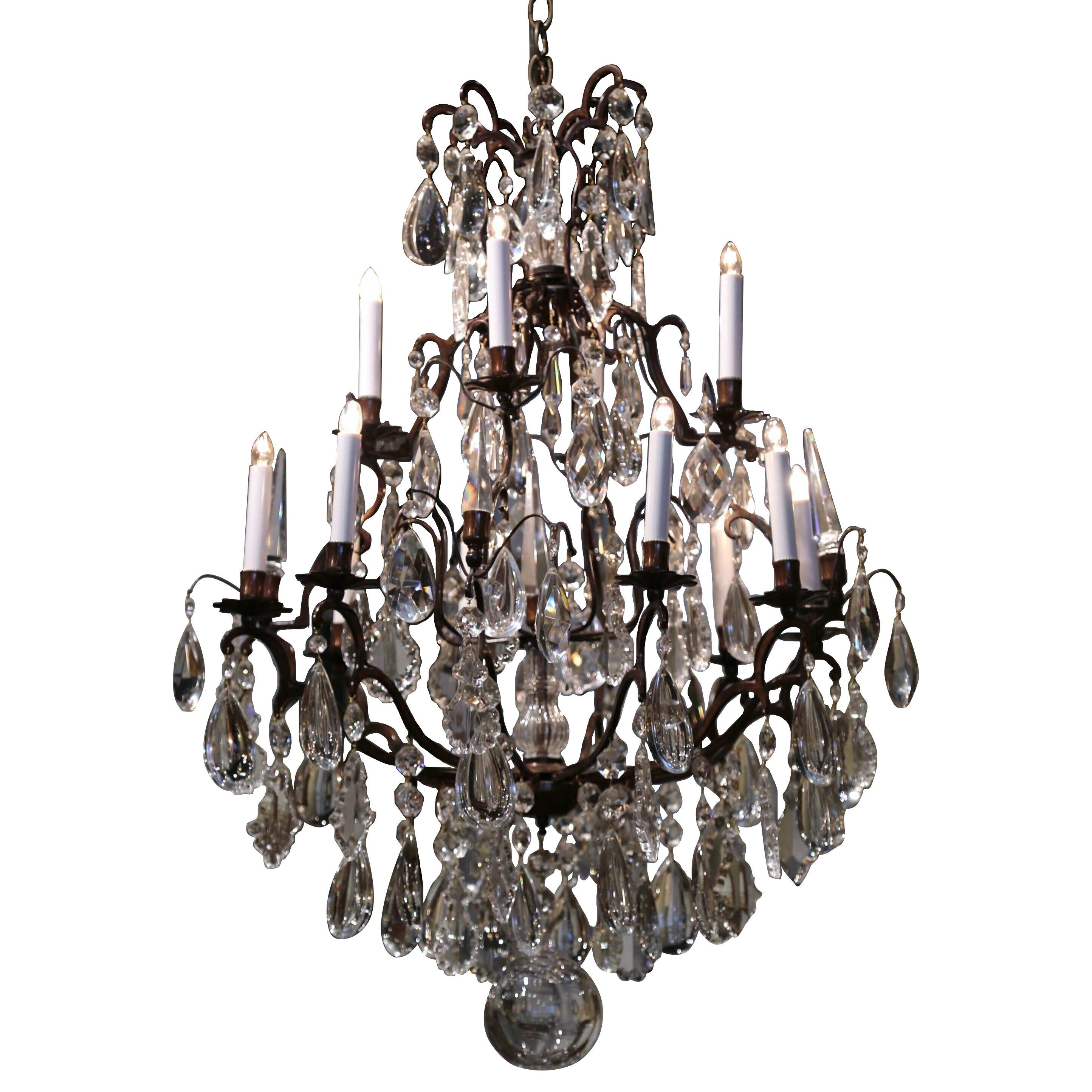 19th Century French Cut Glass Crystal and Bronze Twelve-Light Chandelier