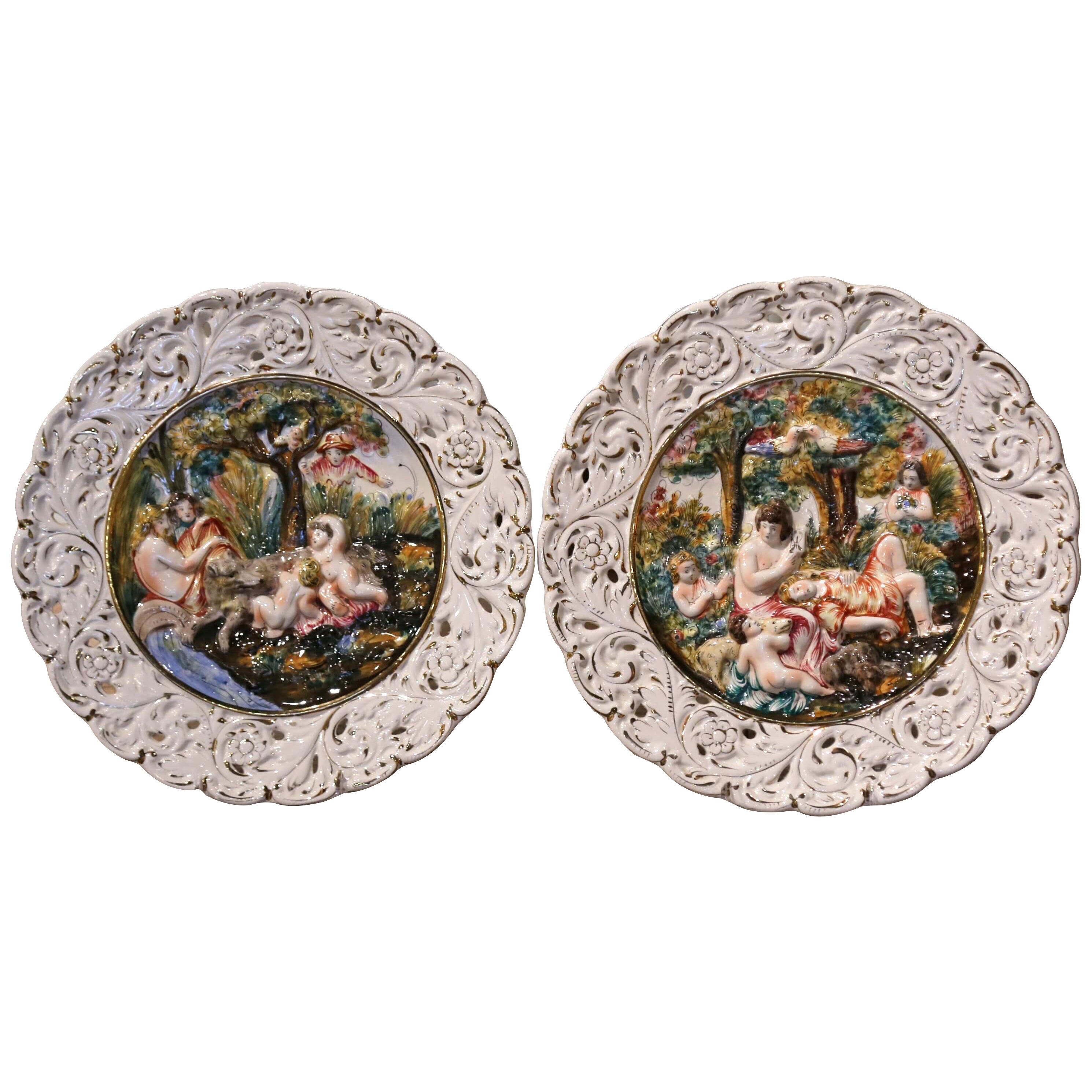 Pair of 20th Century Italian Hand-Painted Porcelain Capodimonte Wall Platters
