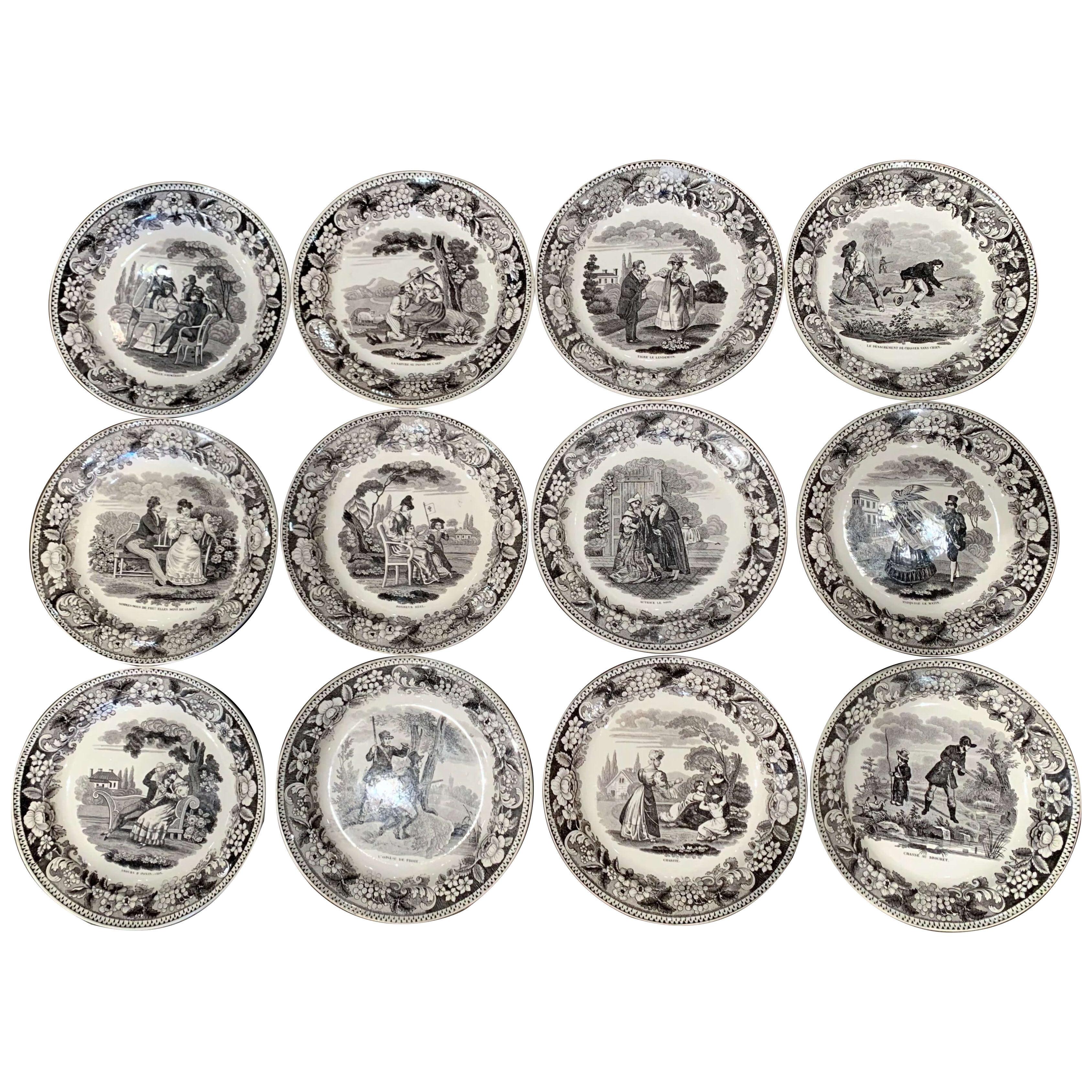 19th Century French Napoleon III Black and White Ceramic Plates, Set of 12