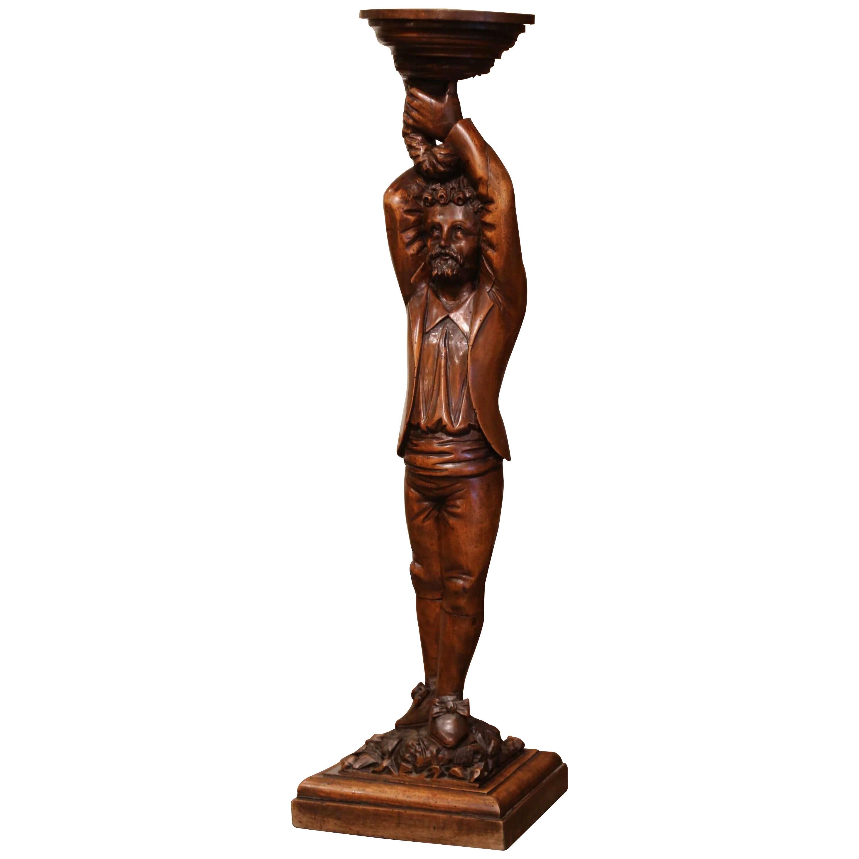 Mid-19th Century French Carved Walnut Pedestal Table with Gentleman Sculpture