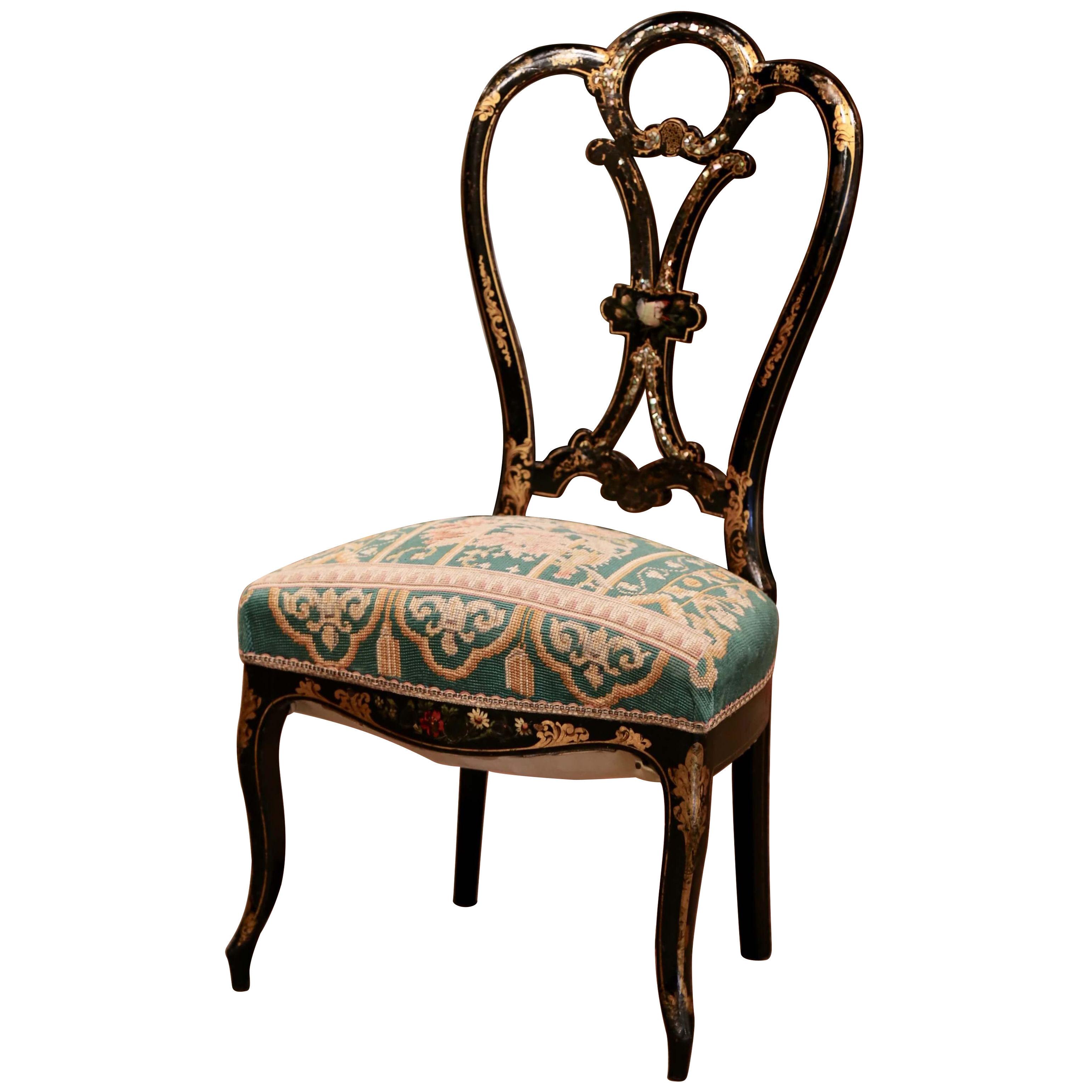 19th Century Napoleon III Black Lacquered and Mother of Peal Ladies Chair