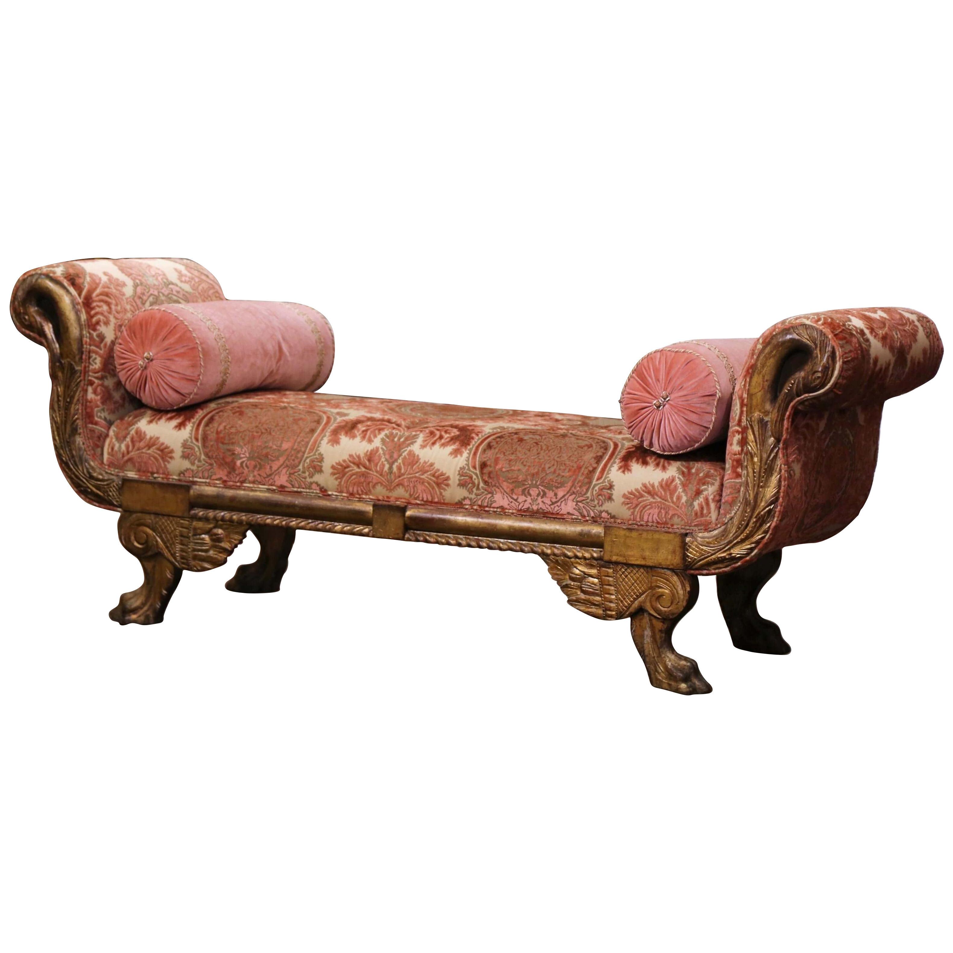 19th Century Italian Carved Gilt Wood and Velvet Daybed with Swan Motifs