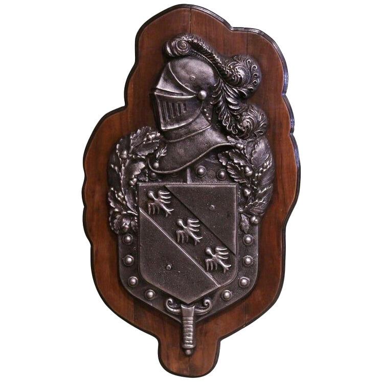 19th Century French Renaissance Style Polished Iron Crest on Walnut Plaque