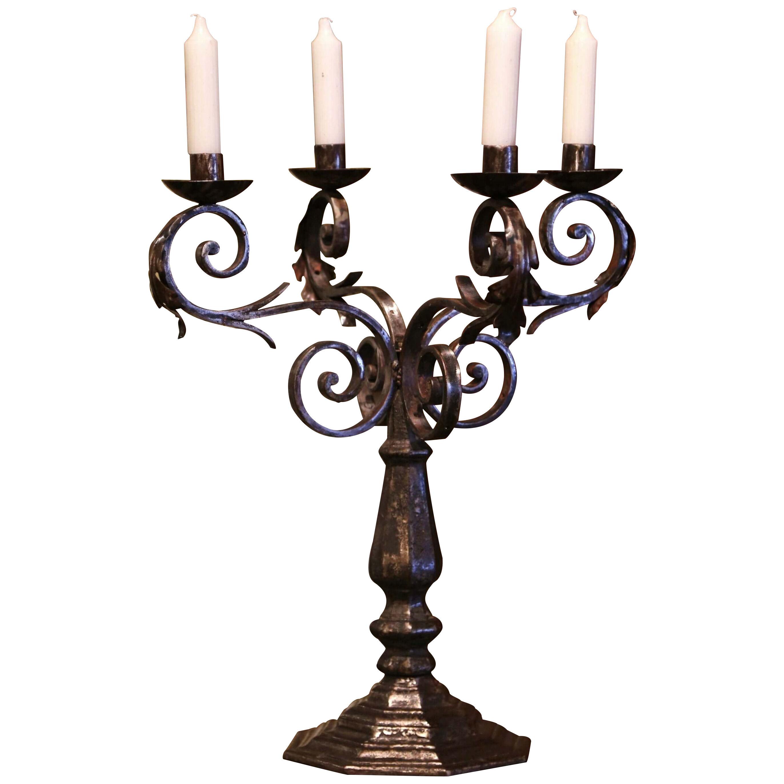 18th Century French Louis XIV Polished Wrought Iron Four-Light Candelabra