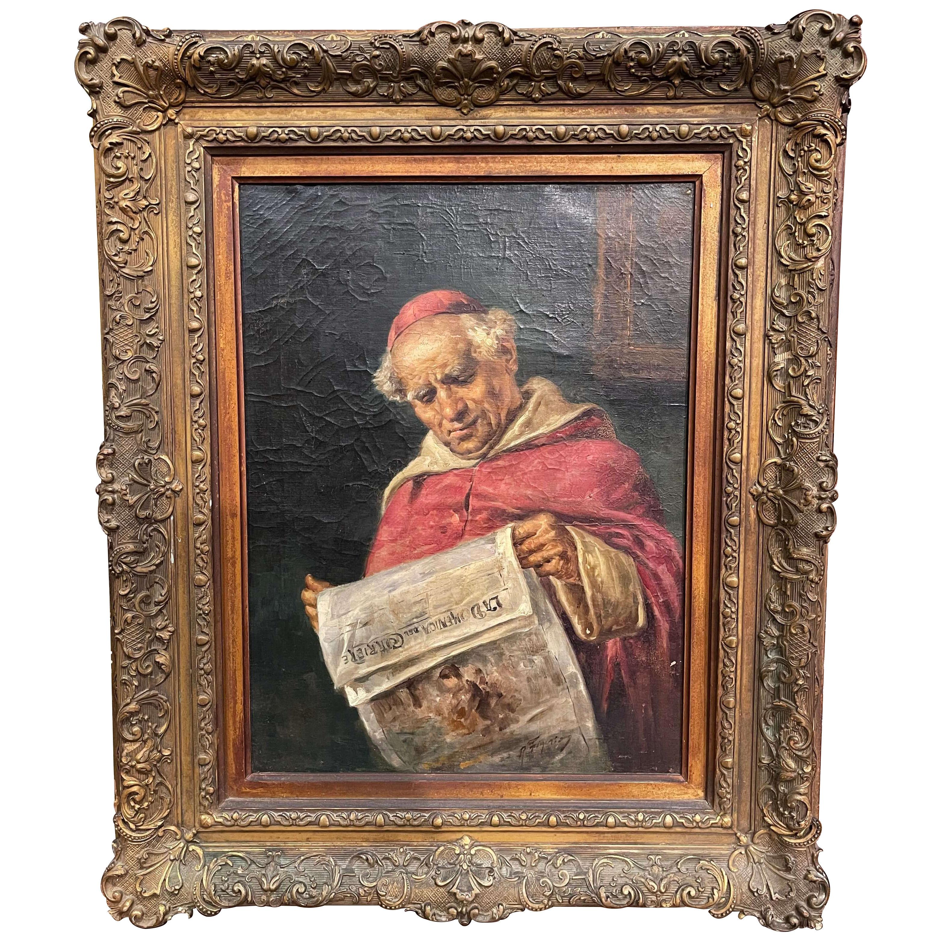 19th Century Framed Cardinal Reading Oil on Canvas Painting Signed R. Figerio