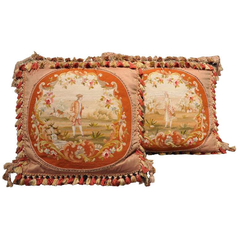 Pair of Handmade Pillows Made with 19th Century Needlepoint Tapestry and Trim