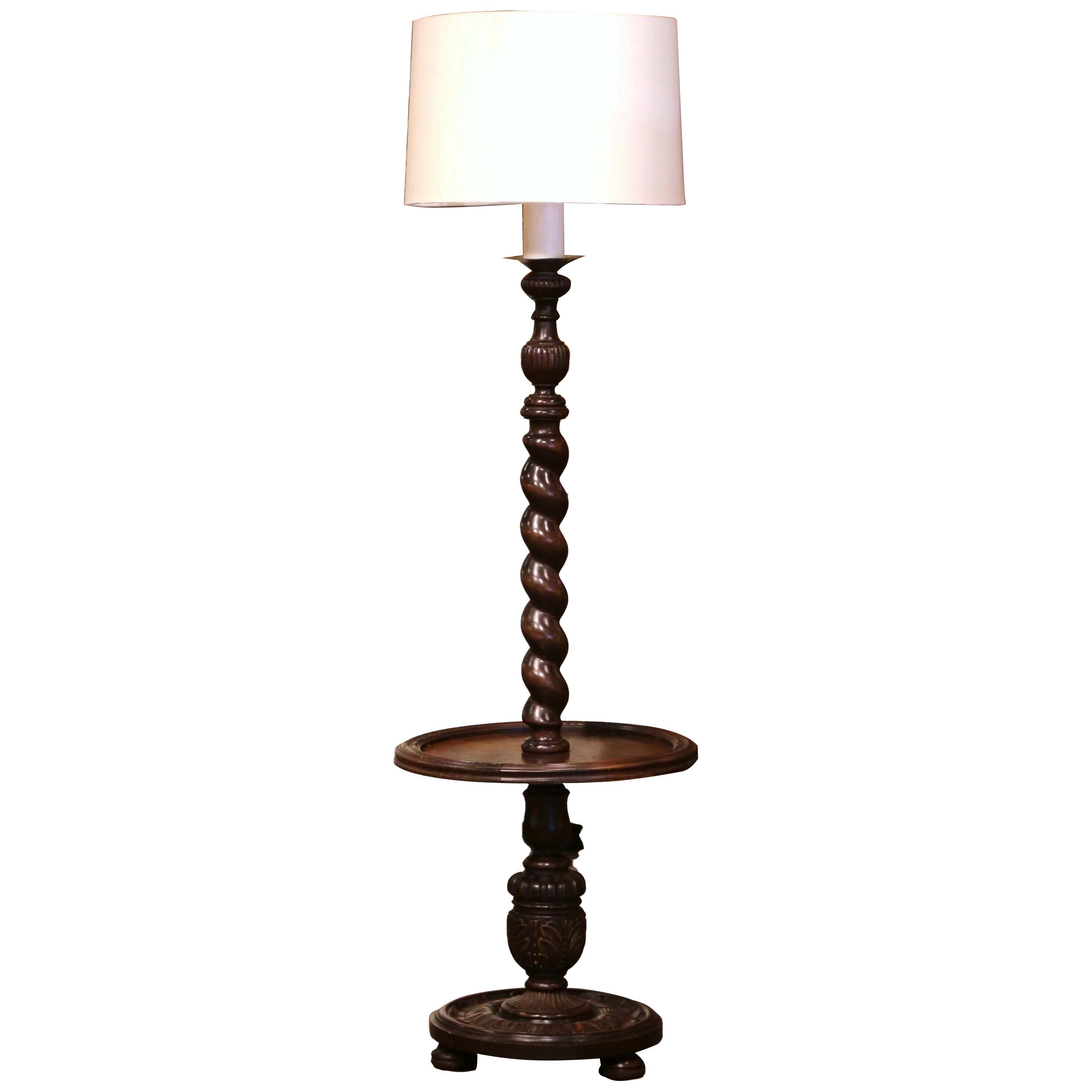 Mid-Century French Carved Barley Twist Two-Light Floor Lamp with Attached Table