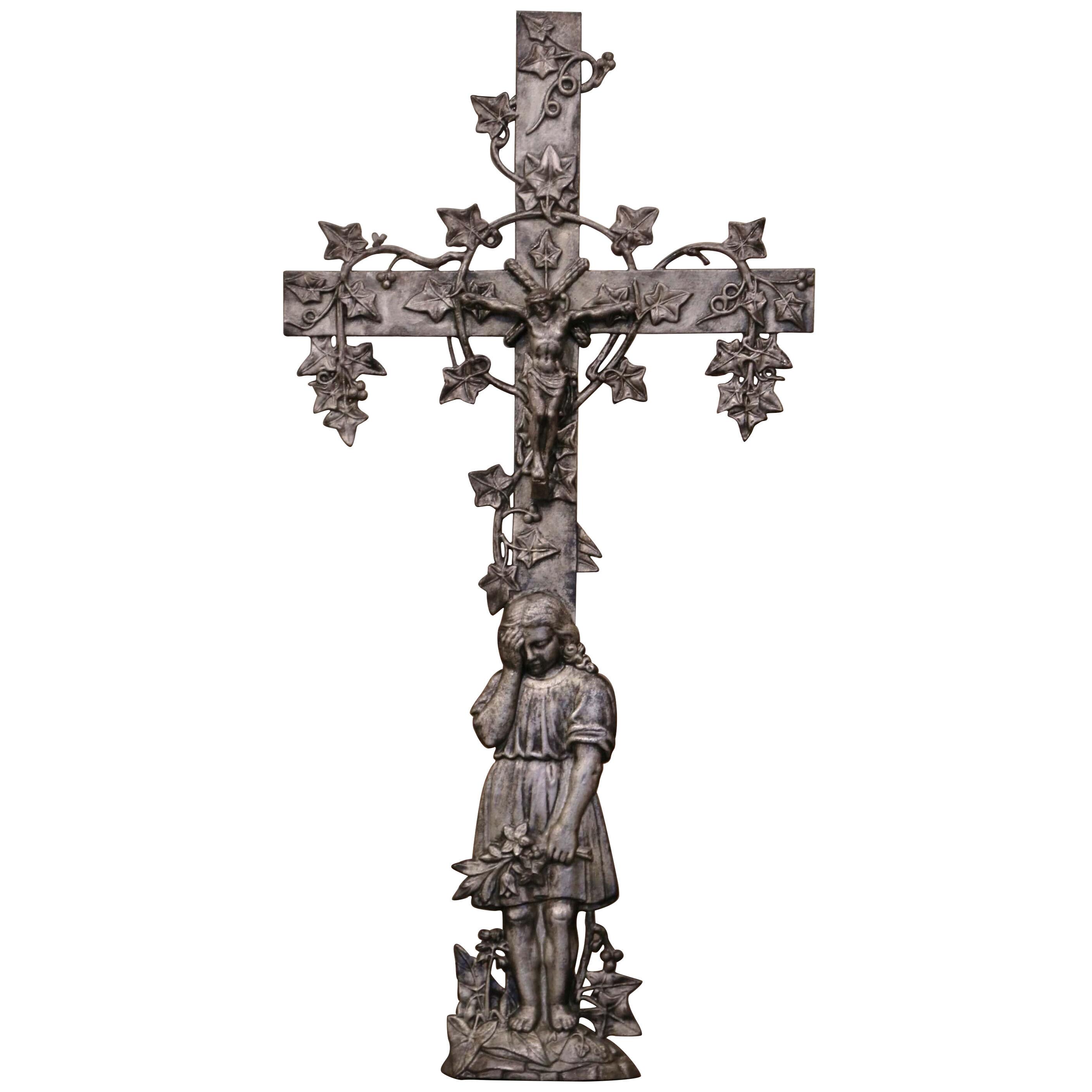 19th Century French Iron Garden Crucifix Cross with Mourner and Vine Motifs