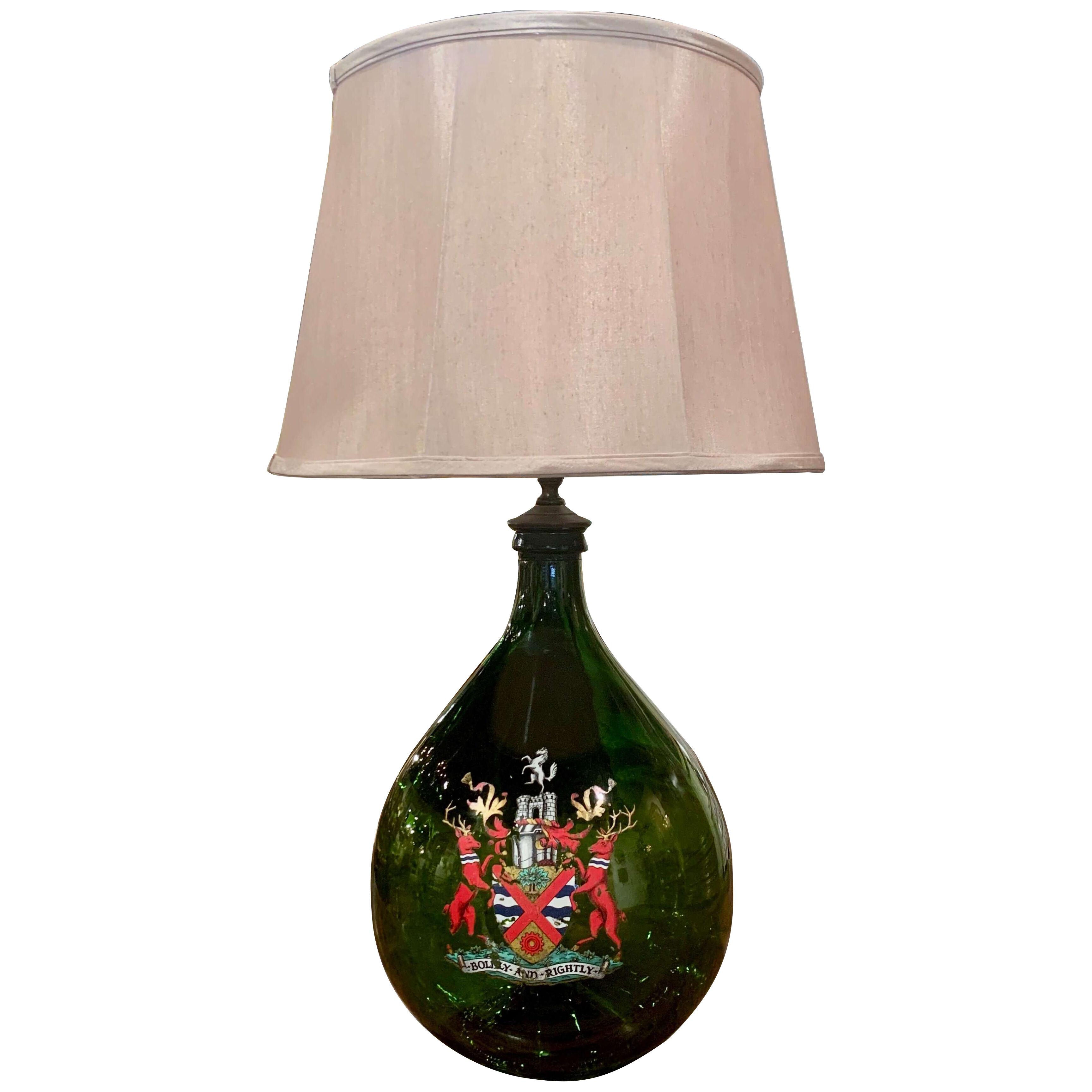 French Hand Blown Glass Wine Bottle with Painted Coat of Arms Table Lamp