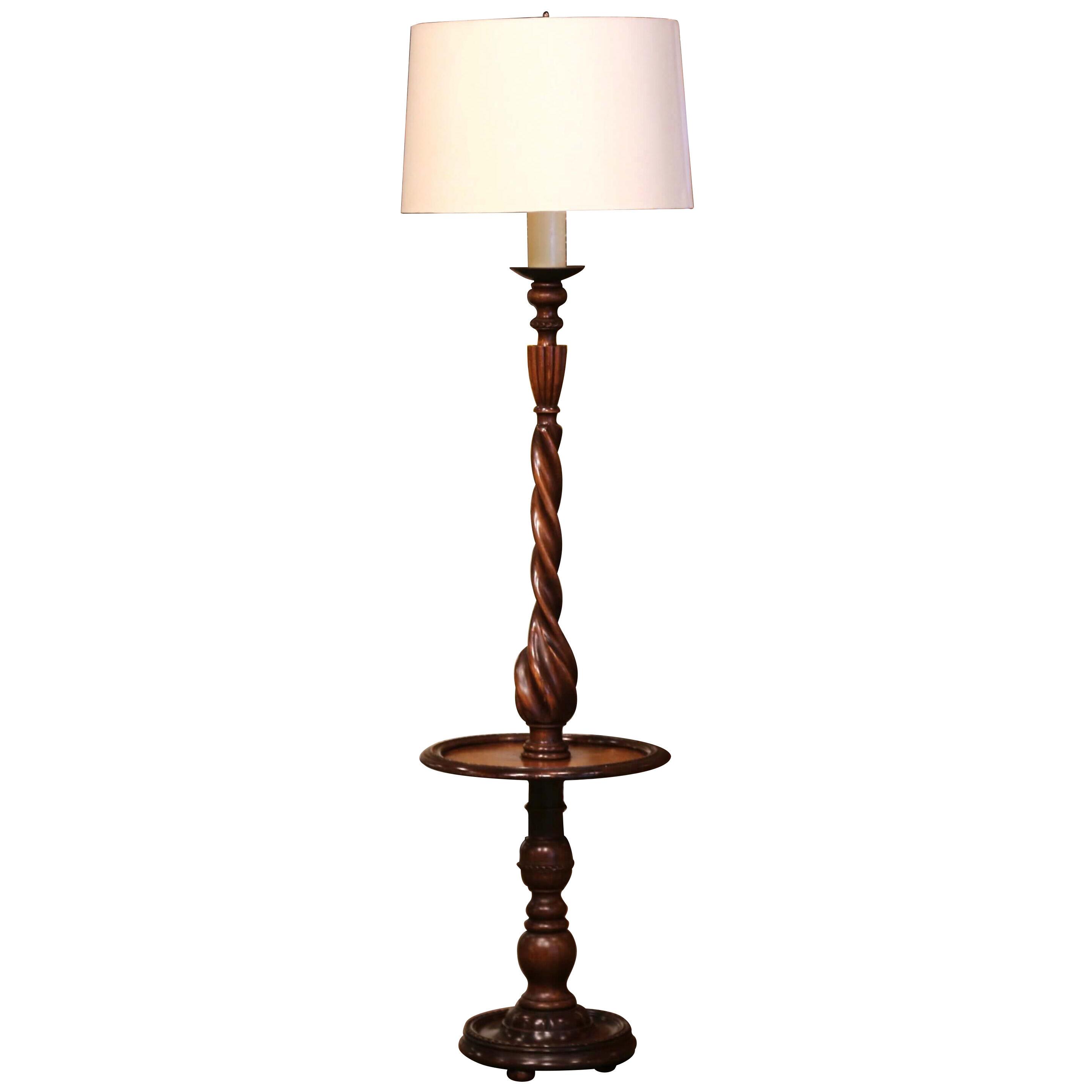 Mid-Century French Carved Barley Twist Two-Light Floor Lamp with Attached Table
